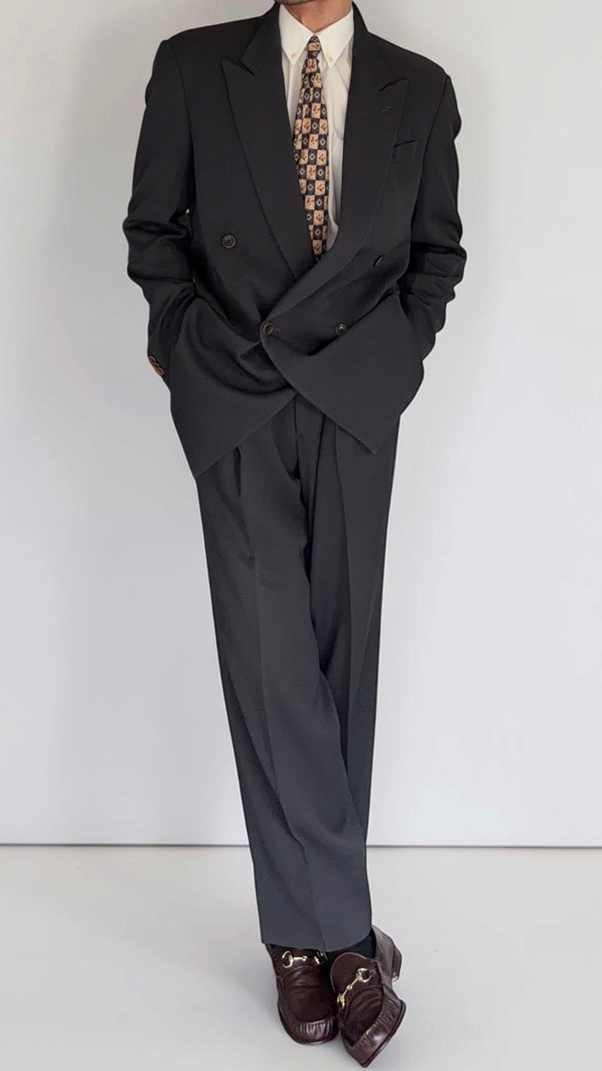Armani 1990s Peaked Lapel Double Breasted Pleated Wool Silk Suit Dark Forest Green - Size L Jacket / 34" Waist