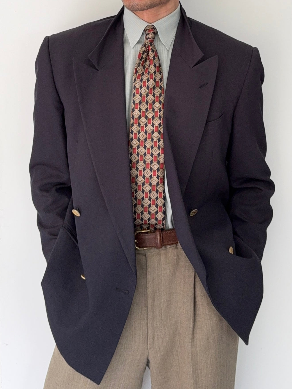 Valentino 1980s Peaked Lapel Double Breasted Metal Button Wool Jacket Navy  - Size S