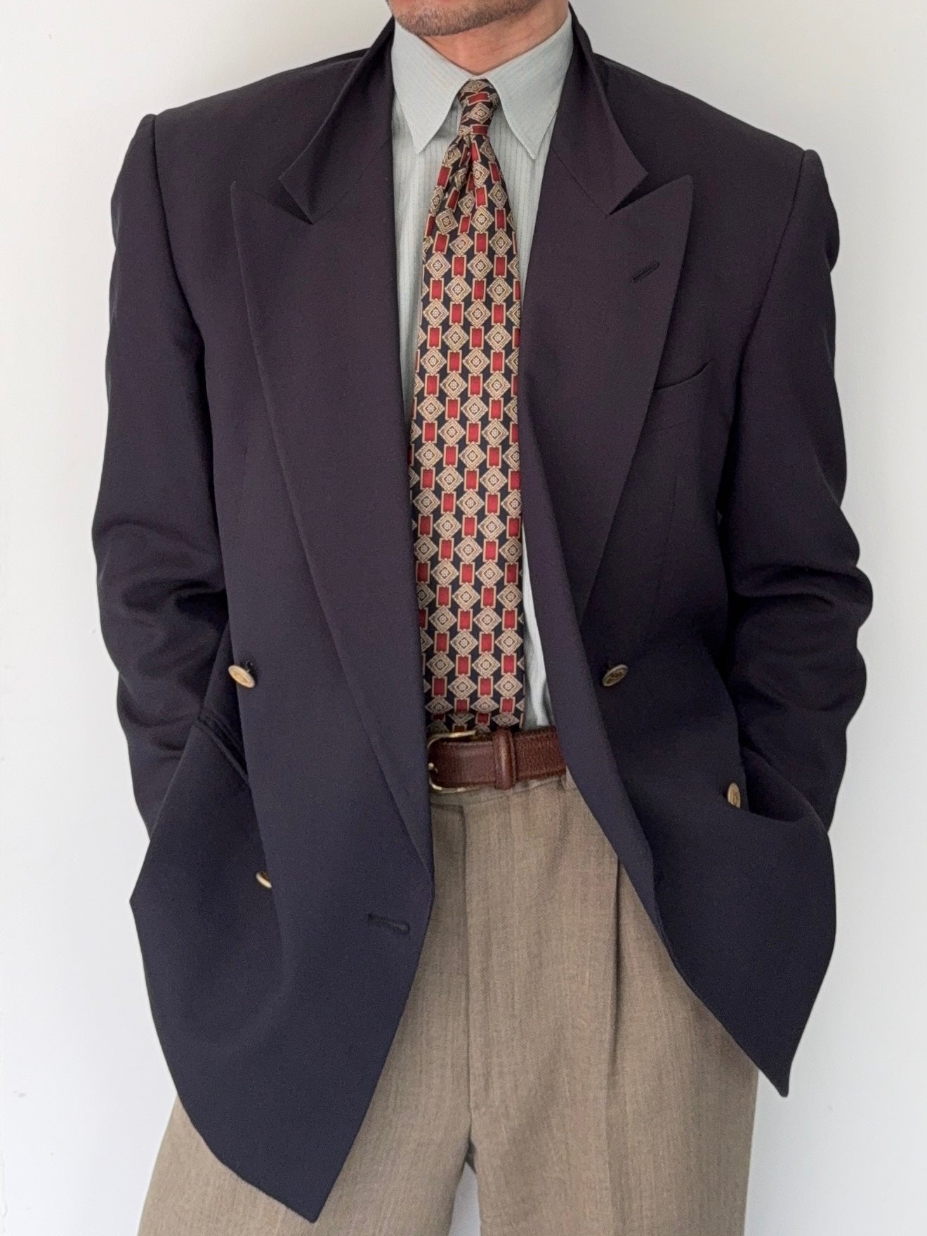 Valentino 1980s Peaked Lapel Double Breasted Metal Button Wool Jacket Navy  - Size S