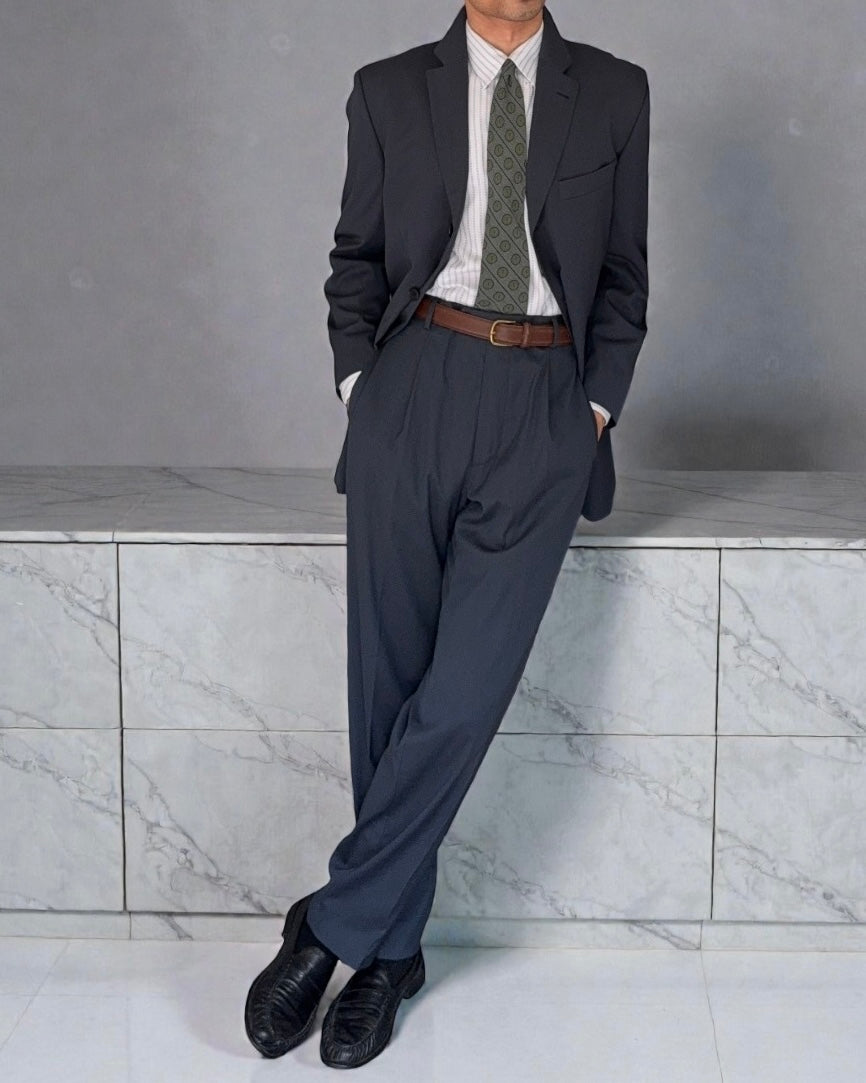 Hugo Boss 1980s 3B Gunmetal Blue Pleated Wool Suit - Size L Jacket / 34" Waist