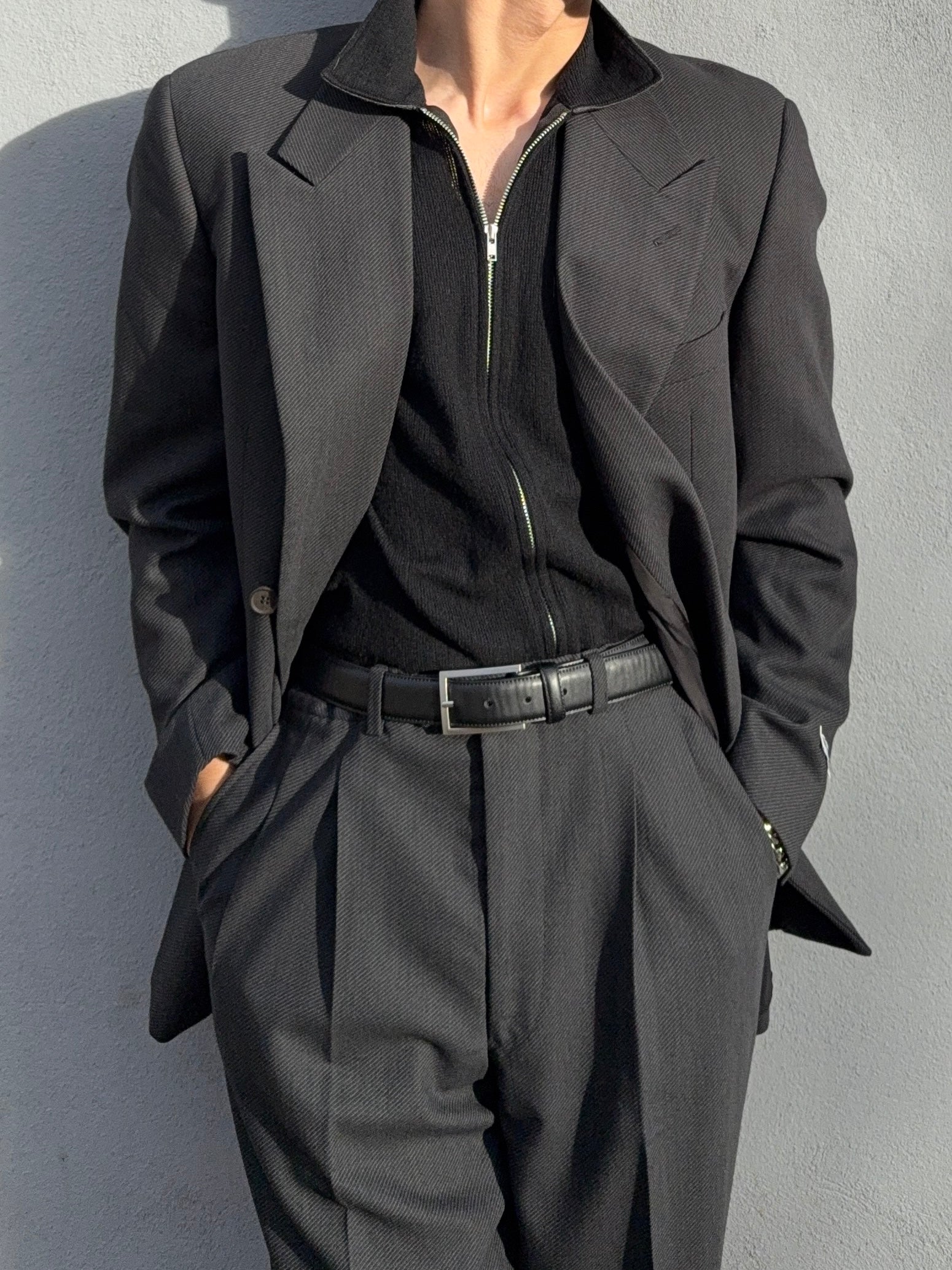 Giorgio Armani 1980s Double Breasted Pleated Wool Suit Black/Grey New - Size L Jacket / 32" Waist