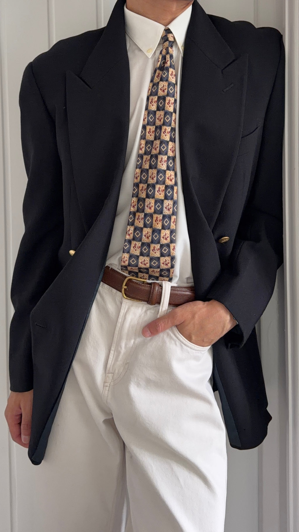 Giorgio Armani 1980s Peaked Lapel Double Breasted Metal Button Wool Sport Jacket Blazer Black  - Size L
