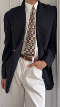Giorgio Armani 1980s Peaked Lapel Double Breasted Metal Button Wool Sport Jacket Blazer Black  - Size L
