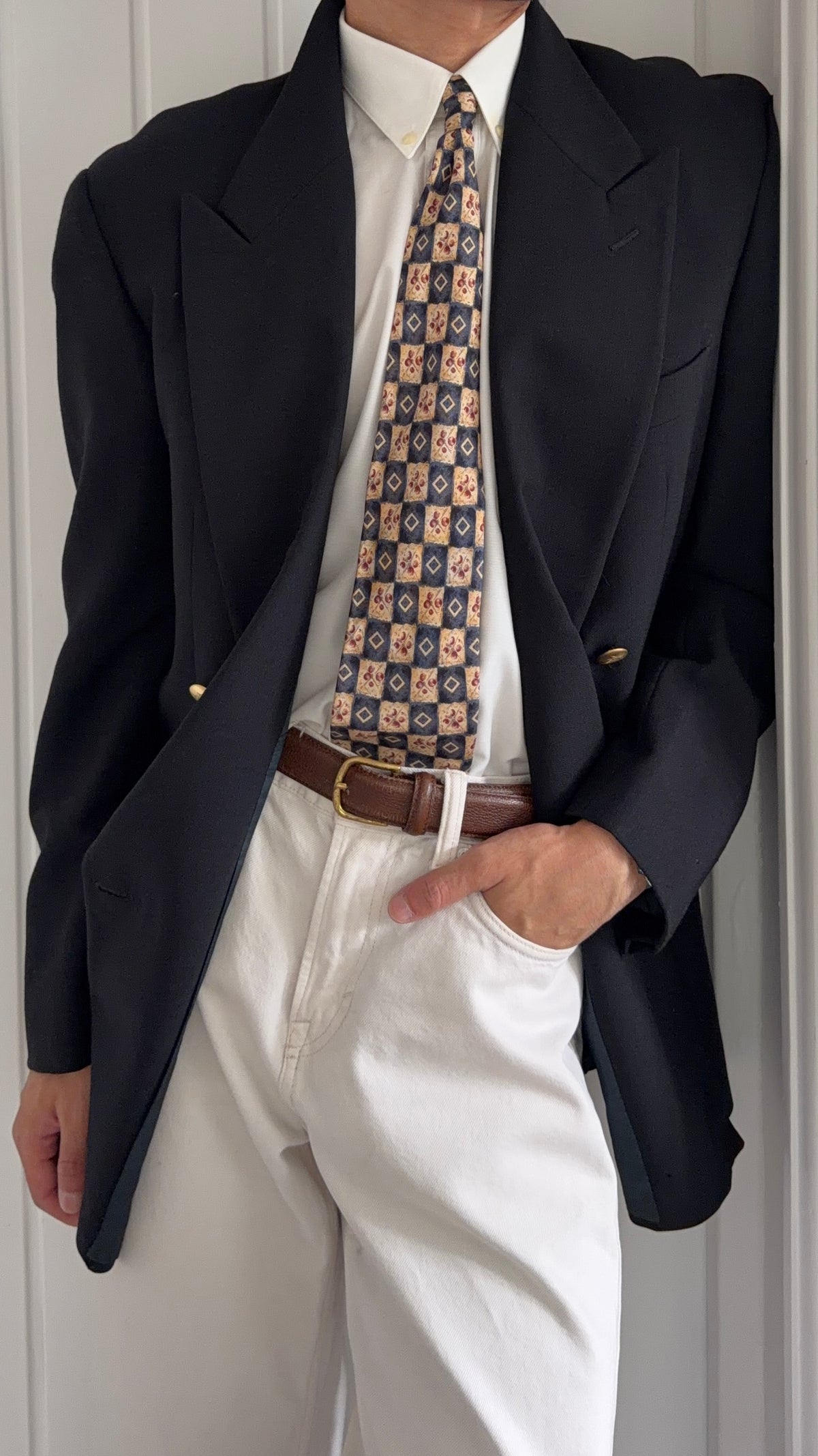 Giorgio Armani 1980s Peaked Lapel Double Breasted Metal Button Wool Sport Jacket Blazer Black  - Size L