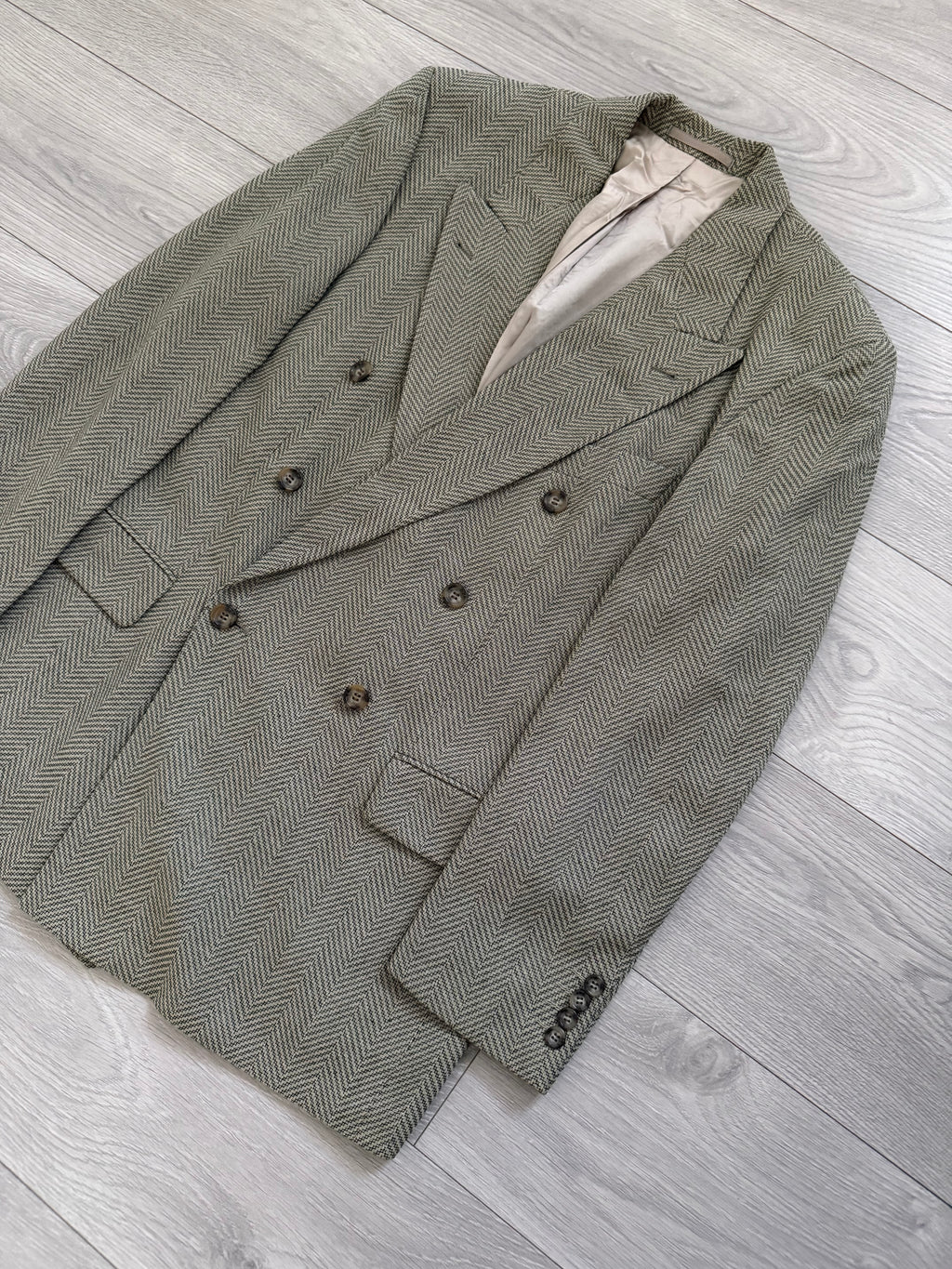 Hugo Boss 1980s 'Zeus' Peaked Lapel Double Breasted Herringbone Wool Sports Blazer Jacket - Size L