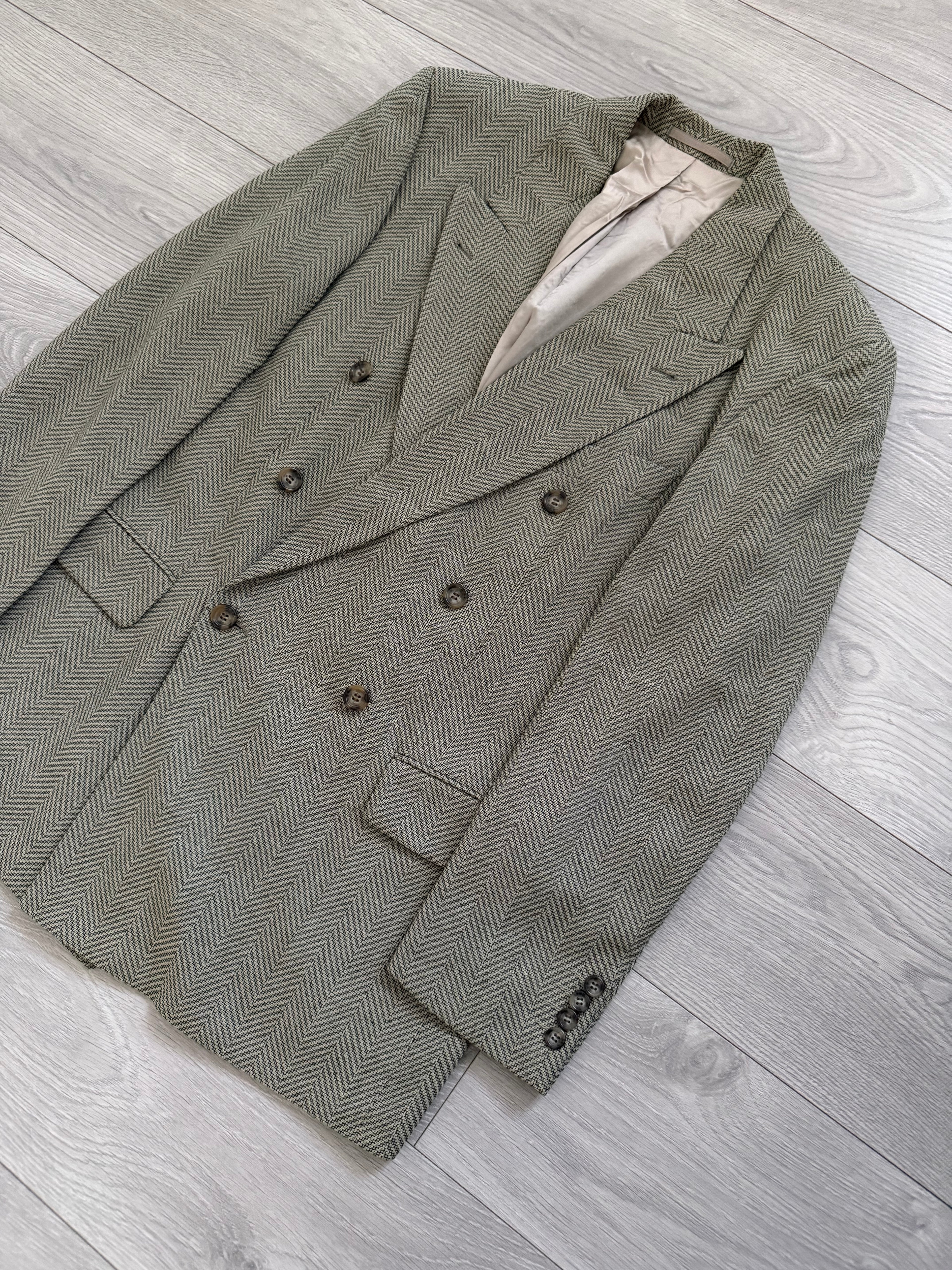Hugo Boss 1980s 'Zeus' Peaked Lapel Double Breasted Herringbone Wool Sports Blazer Jacket - Size L