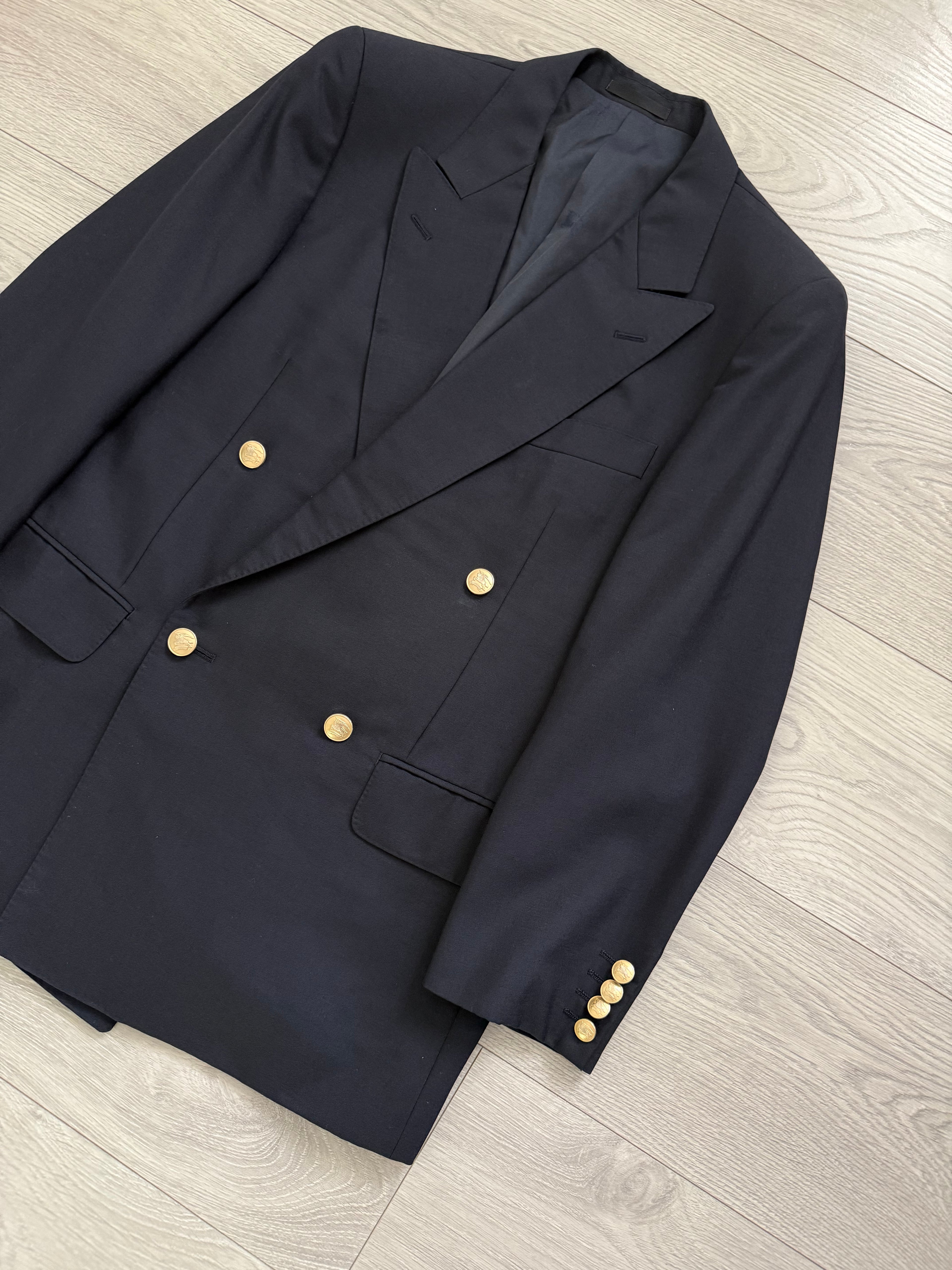 Burberry 1980s Peaked Lapel Double Breasted Pleated Wool Suit Navy - Size S Jacket / 32" Waist