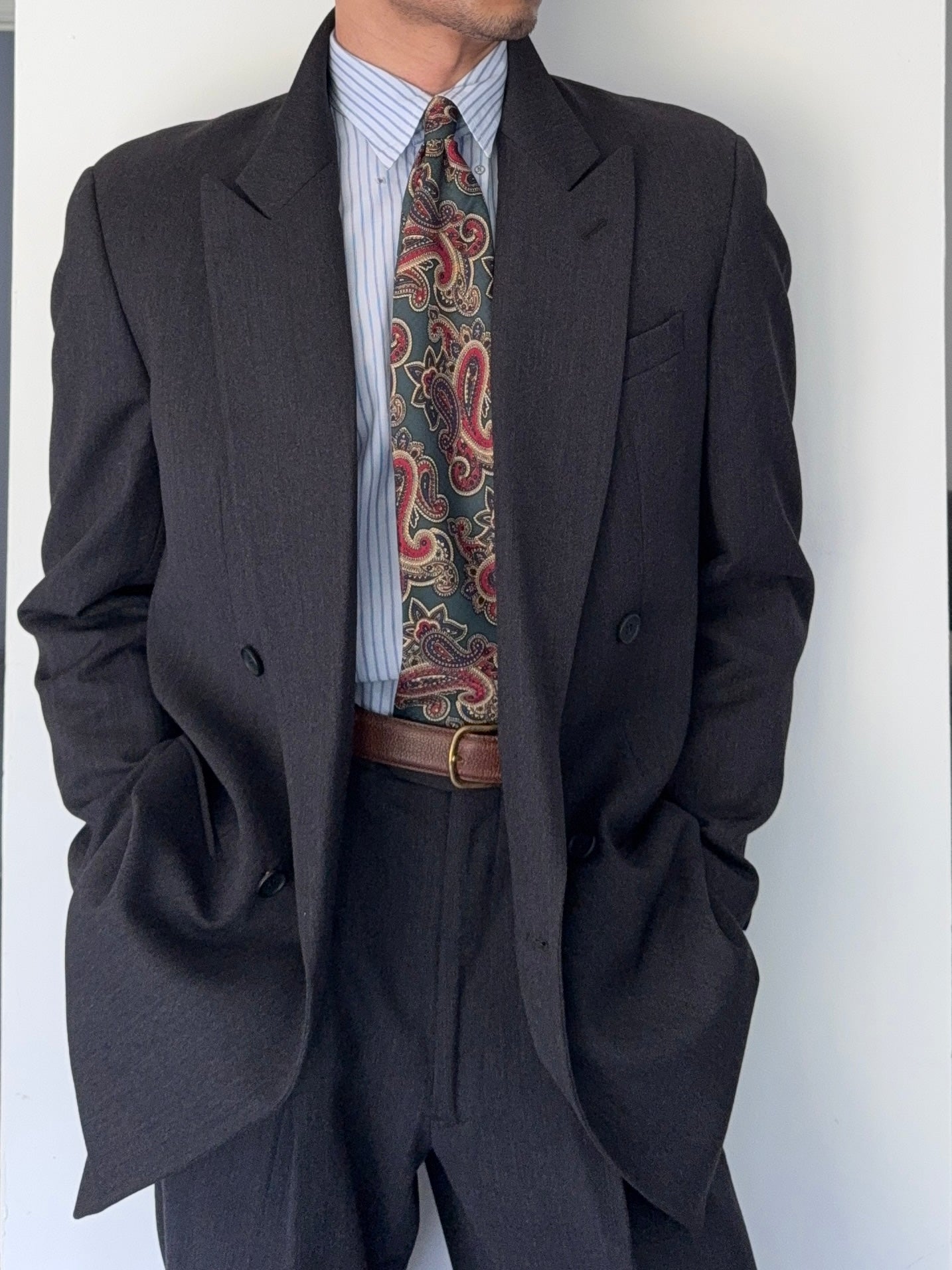 ARMANI COLLEZIONI 90年代　ダークグレー タックスラックス Armani 1990s Peaked Lapel Double Breasted Pleated Wool Suit