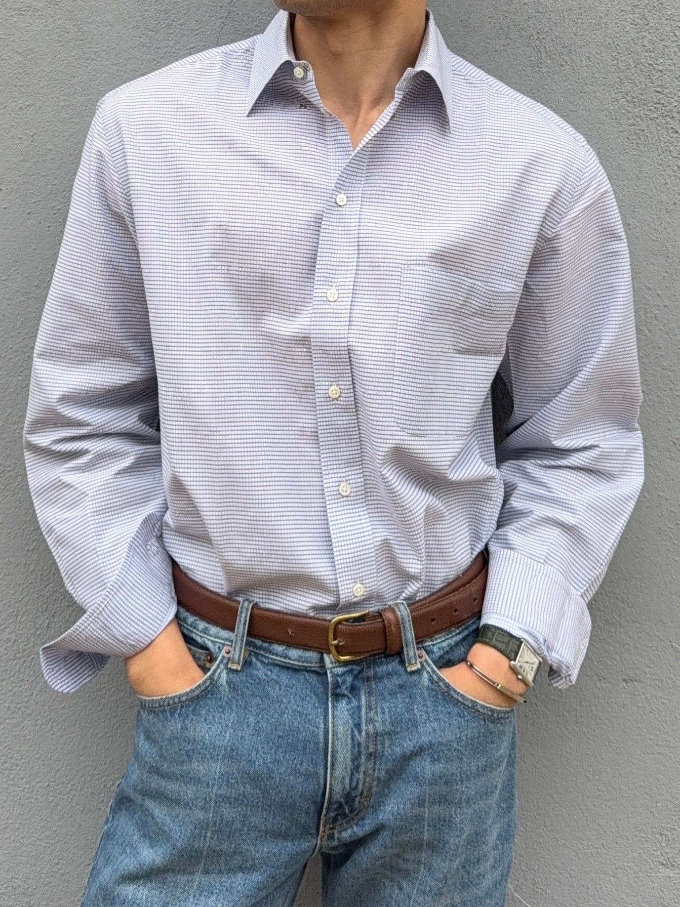 Armani 1990s Snap Collar Check Weave Shirt - Size L