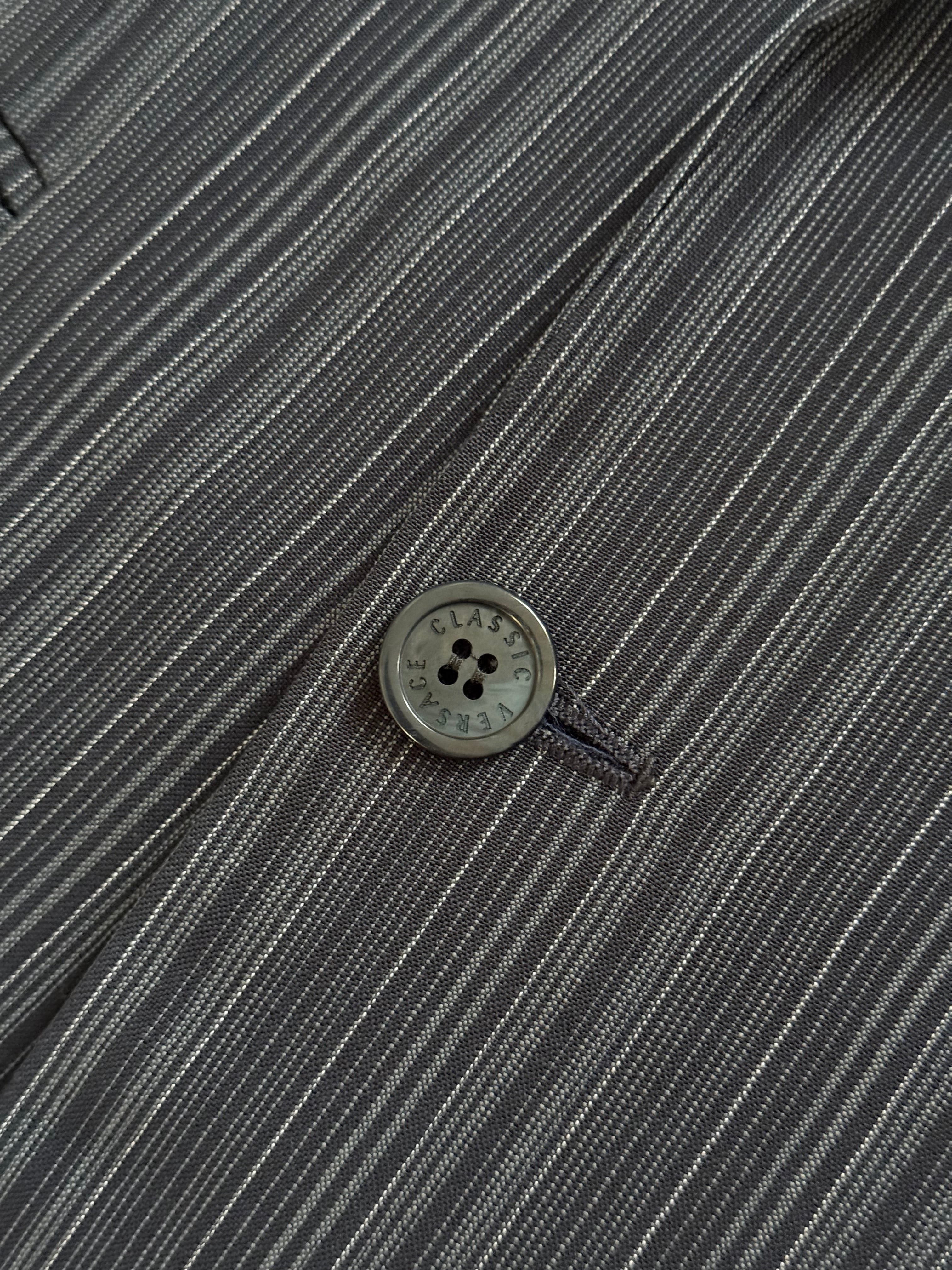 Versace 1980s Notch Lapel Double Breasted Wool Mohair Pleated Striped Suit - Size XXL Jacket / 38" Waist