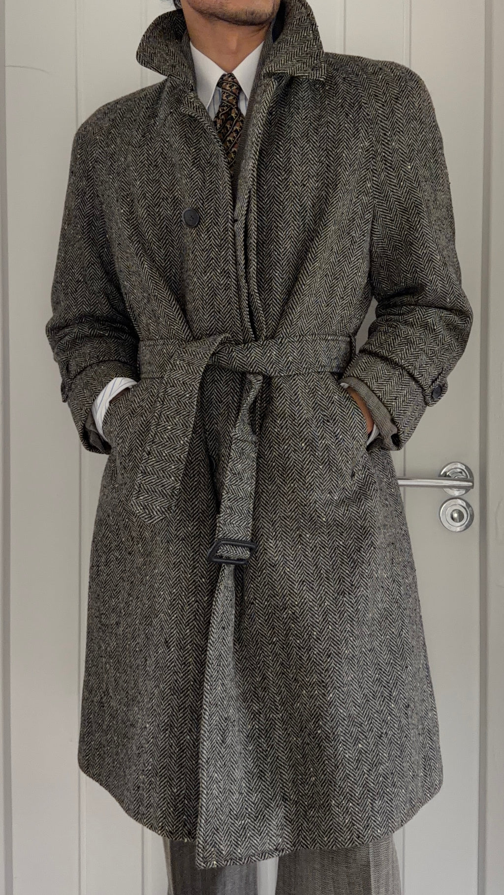 Marcel Lassance 1990s Herringbone Wool Belted Coat - Size S