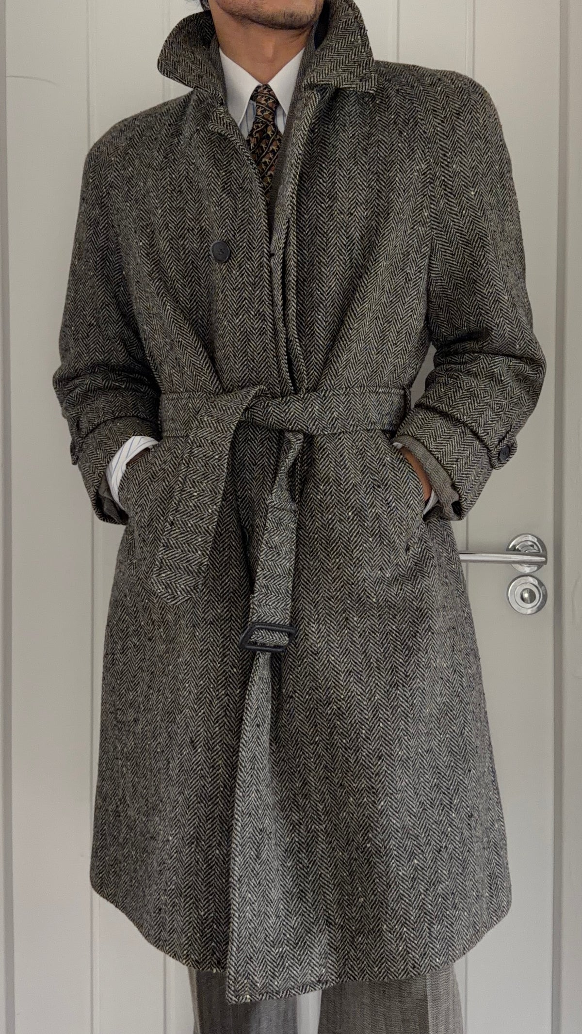 Marcel Lassance 1990s Herringbone Wool Belted Coat - Size S