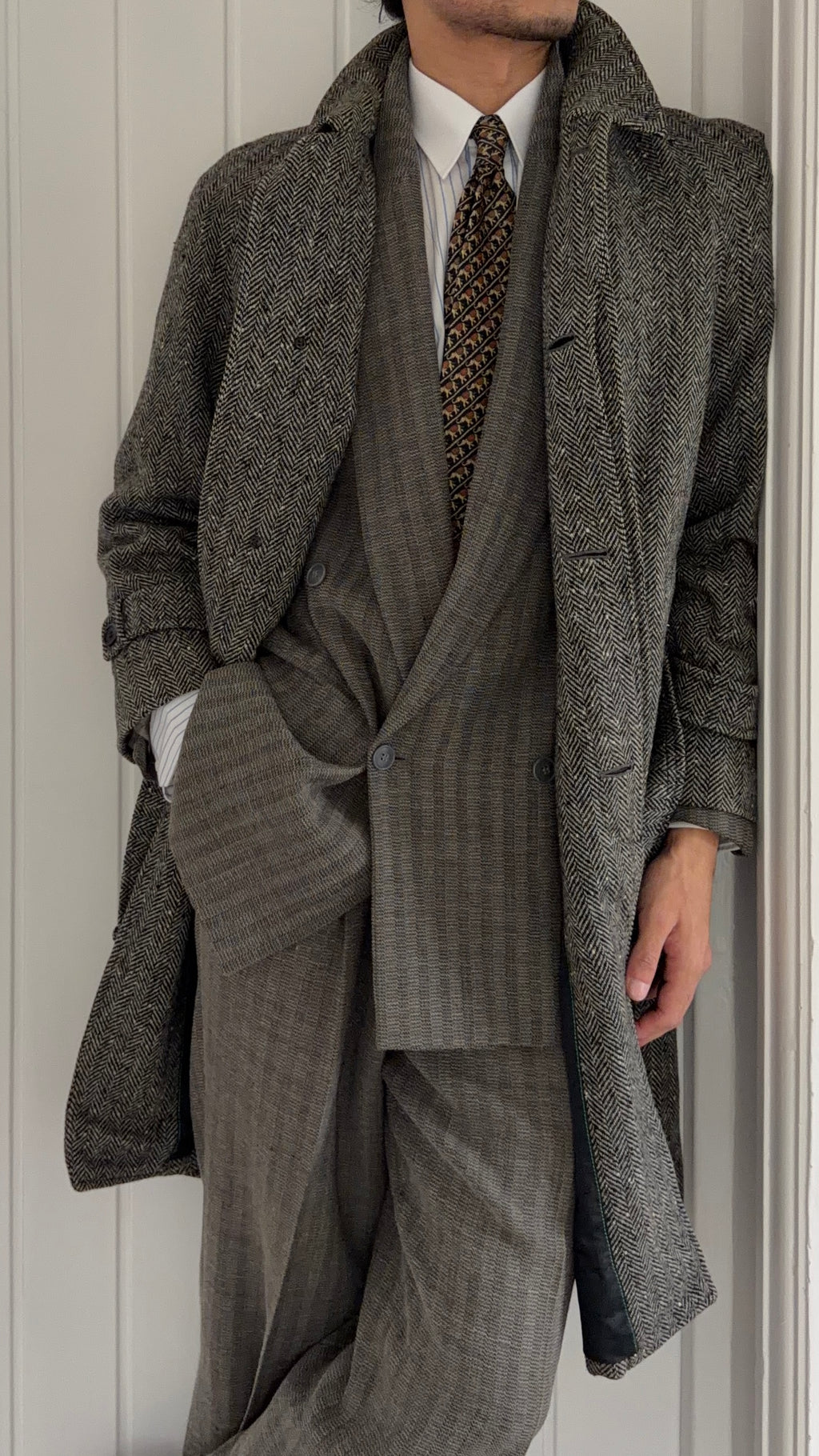 Marcel Lassance 1990s Herringbone Wool Belted Coat - Size S