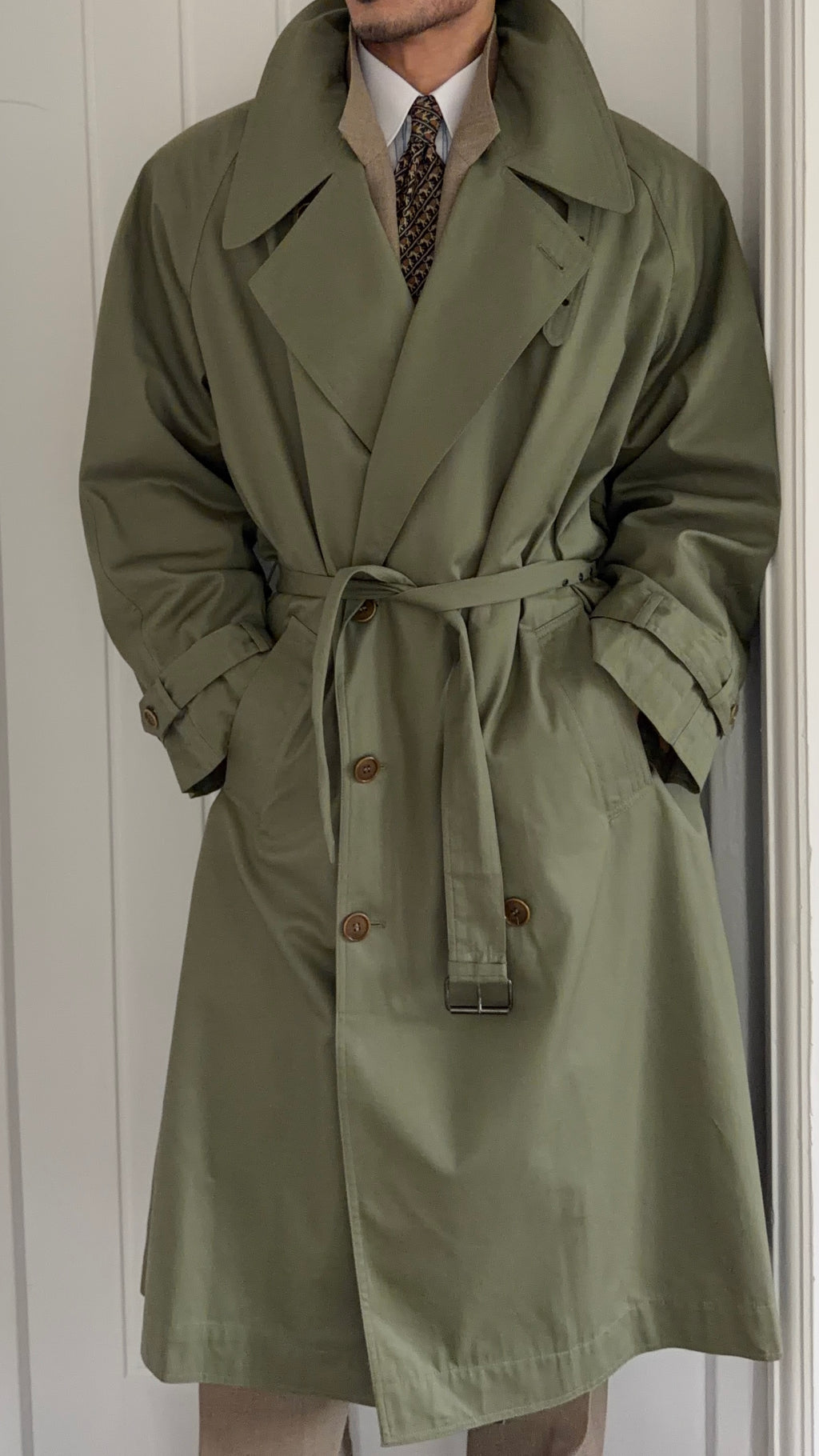 Valentino Couture 1980s Belted Cotton Trench Coat Olive Green - Size XL