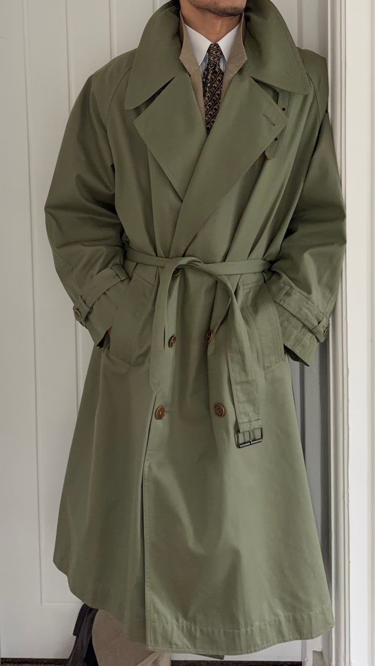Valentino Couture 1980s Belted Cotton Trench Coat Olive Green - Size XL