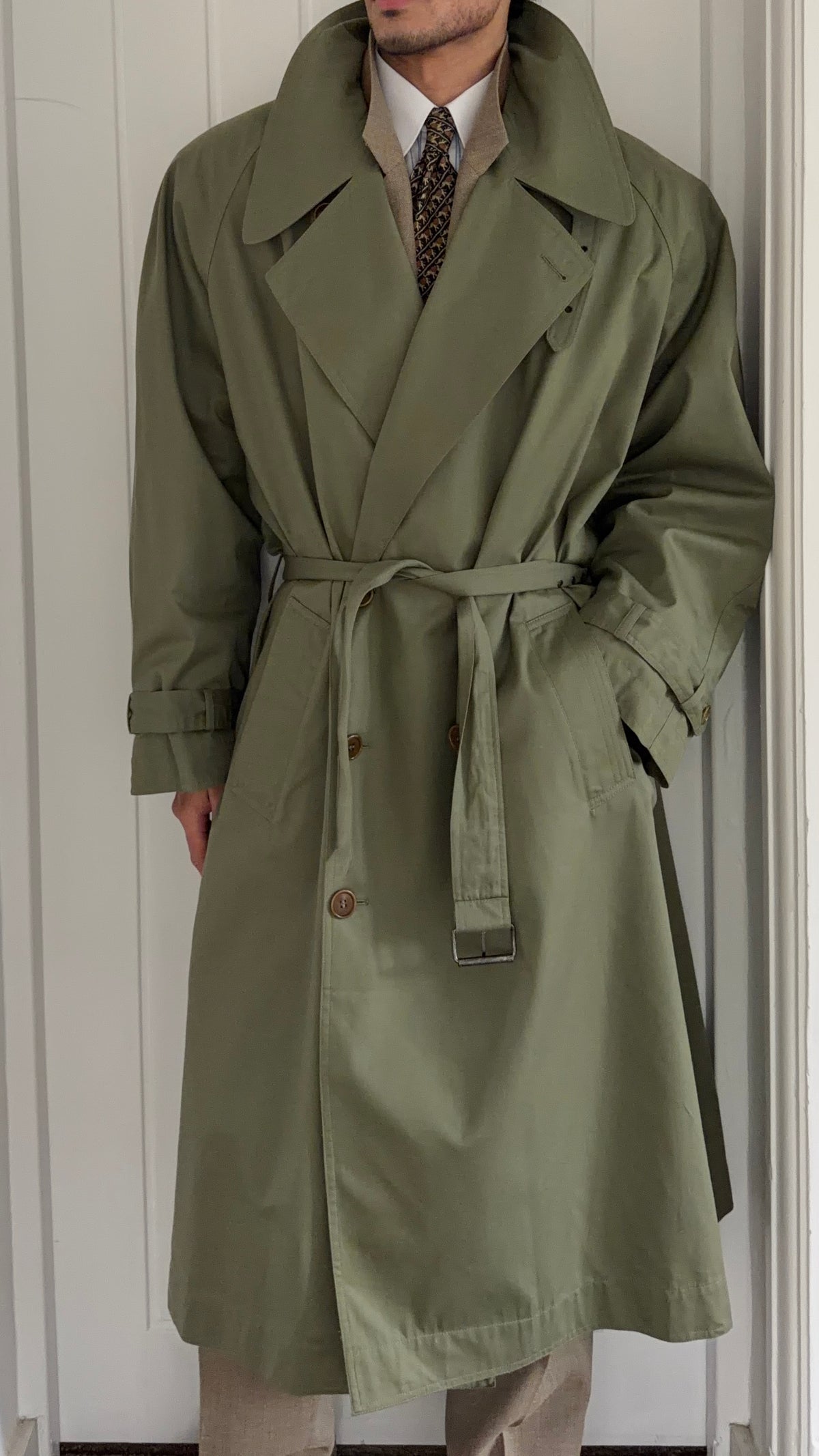 Valentino Couture 1980s Belted Cotton Trench Coat Olive Green - Size XL