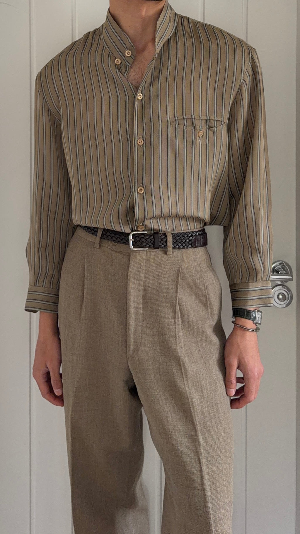 Emporio Armani 1990s Nehru Collar Textured Rayon Shirt - Size S