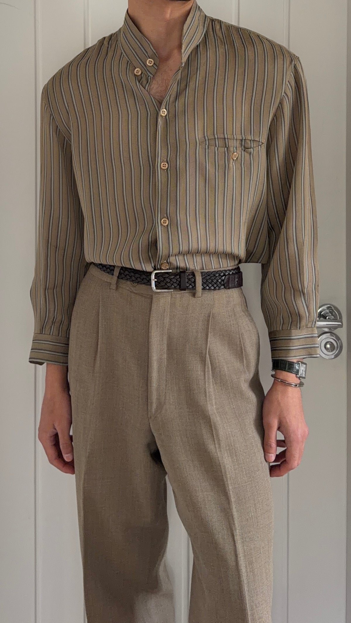 Emporio Armani 1990s Nehru Collar Textured Rayon Shirt - Size S