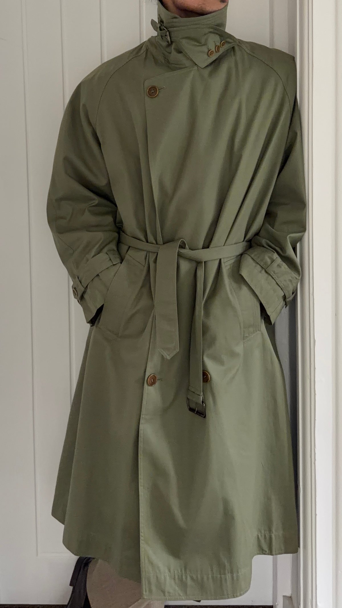 Valentino Couture 1980s Belted Cotton Trench Coat Olive Green - Size XL