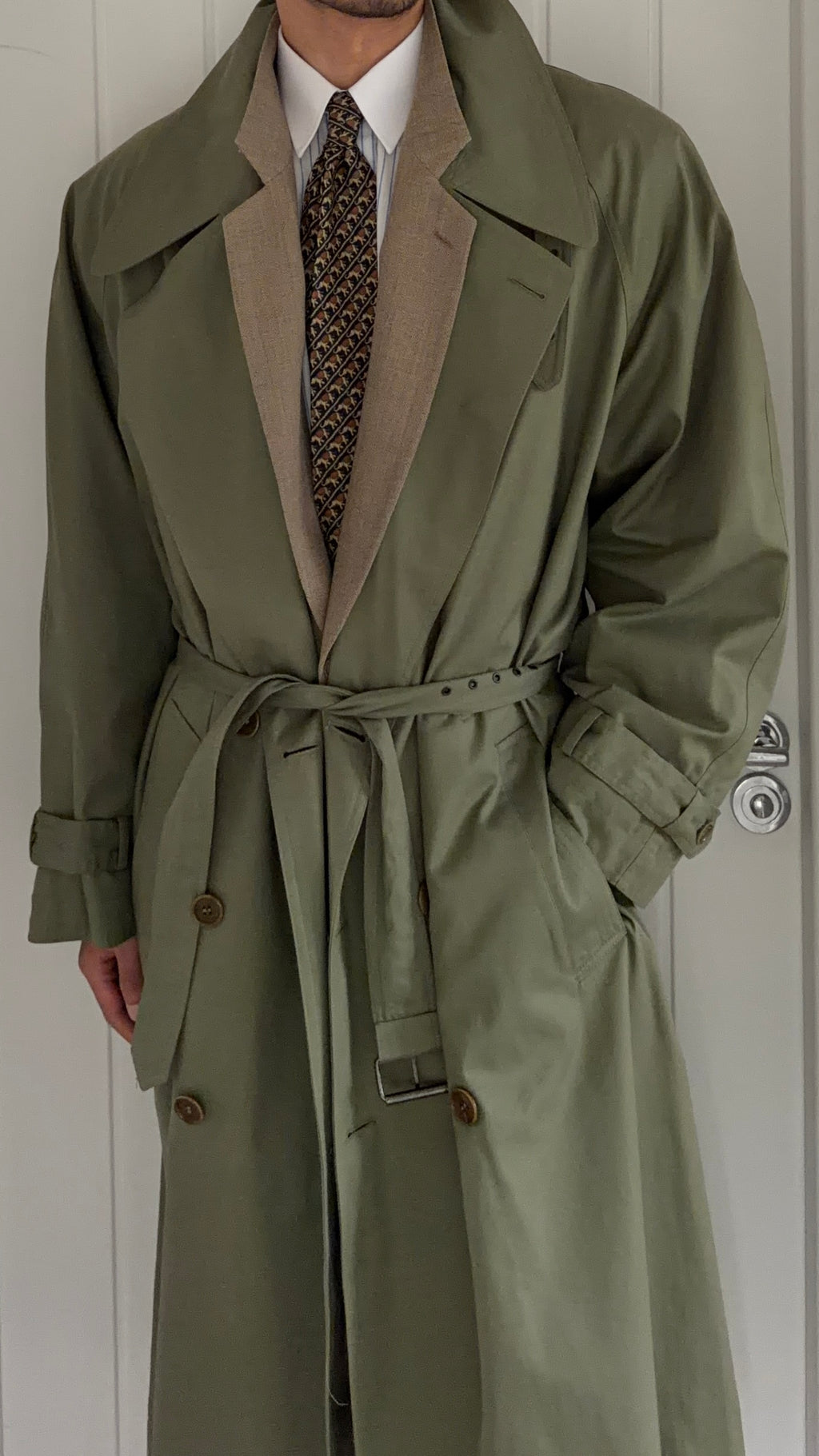 Valentino Couture 1980s Belted Cotton Trench Coat Olive Green - Size XL