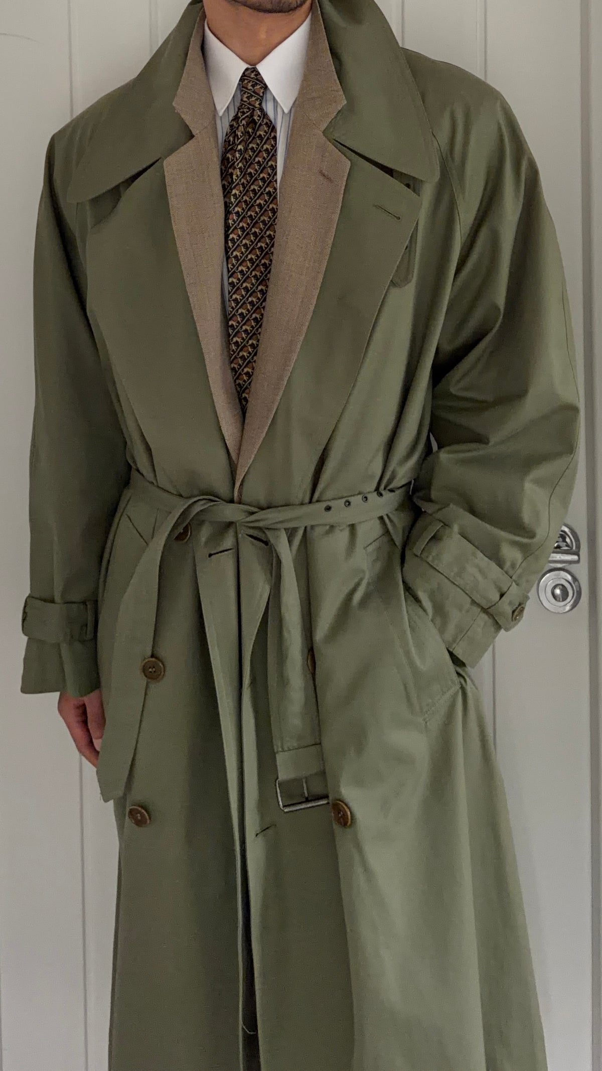 Valentino Couture 1980s Belted Cotton Trench Coat Olive Green - Size XL