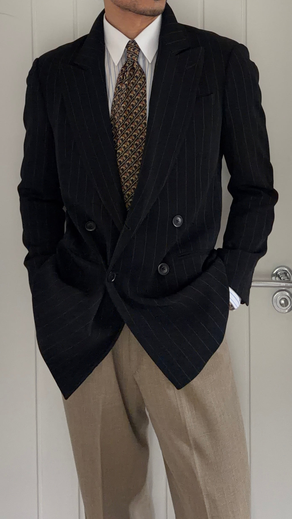 Armani 1990s Peaked Lapel Double Breasted Pinstriped Wool Blend Sport Jacket Blazer - Size S