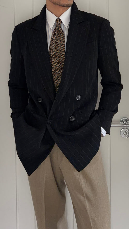 Armani 1990s Peaked Lapel Double Breasted Pinstriped Wool Blend Sport Jacket Blazer - Size S