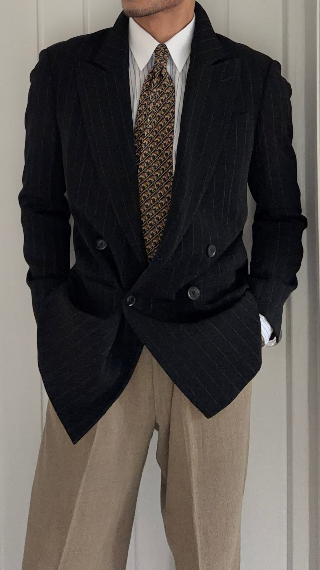 Armani 1990s Peaked Lapel Double Breasted Pinstriped Wool Blend Sport Jacket Blazer - Size S