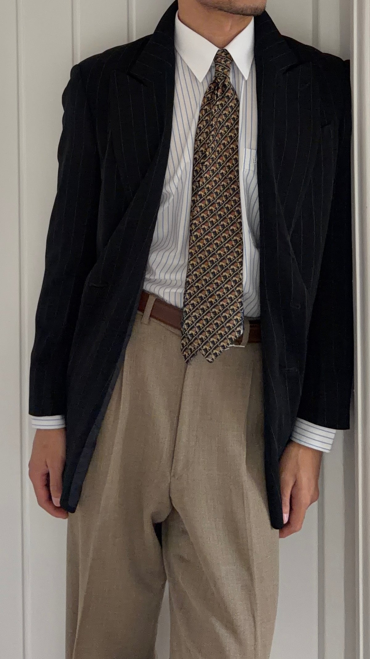 Armani 1990s Peaked Lapel Double Breasted Pinstriped Wool Blend Sport Jacket Blazer - Size S