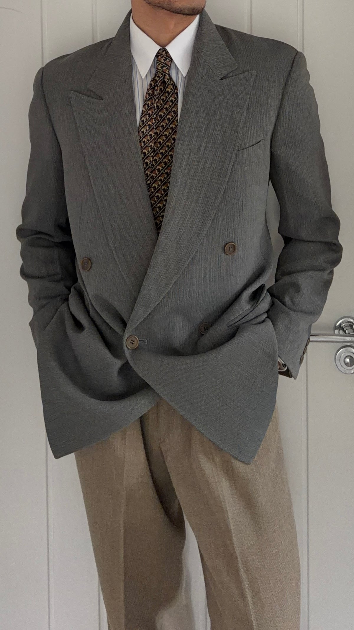 Giorgio Armani 1980s Peaked Lapel Double Breasted Herringbone Wool Sport Jacket Blazer Taupe Sage Green - Size S