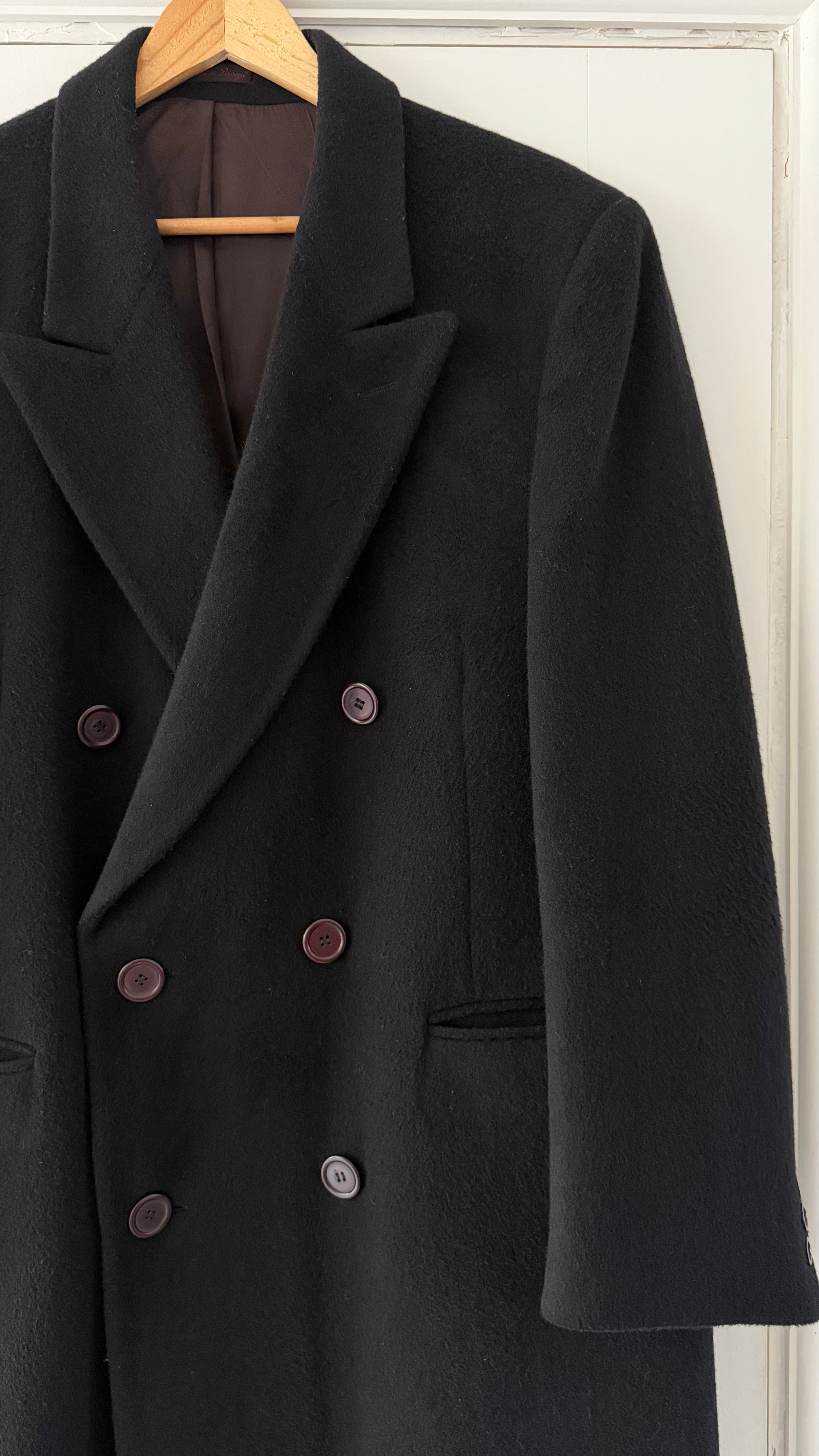 1980s Vintage Peaked Lapel Double Breasted Wool Cashmere Black Coat - Size L