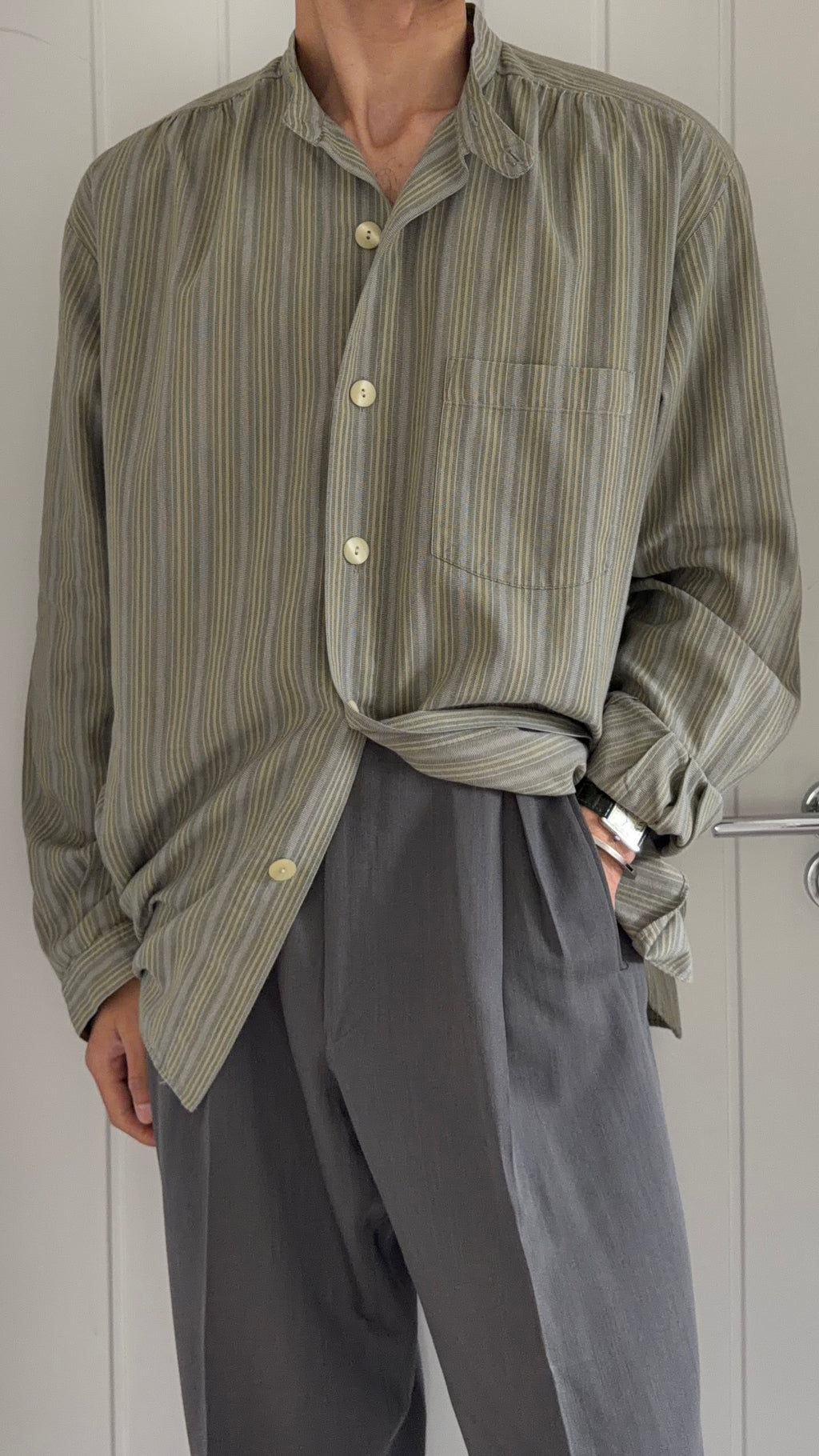 Giorgio Armani Black Label 1990s Nehru Collar Textured Pleat Stitch Shirt - Size XL