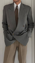 Giorgio Armani 1980s Peaked Lapel Double Breasted Herringbone Wool Sport Jacket Blazer Taupe Sage Green - Size S