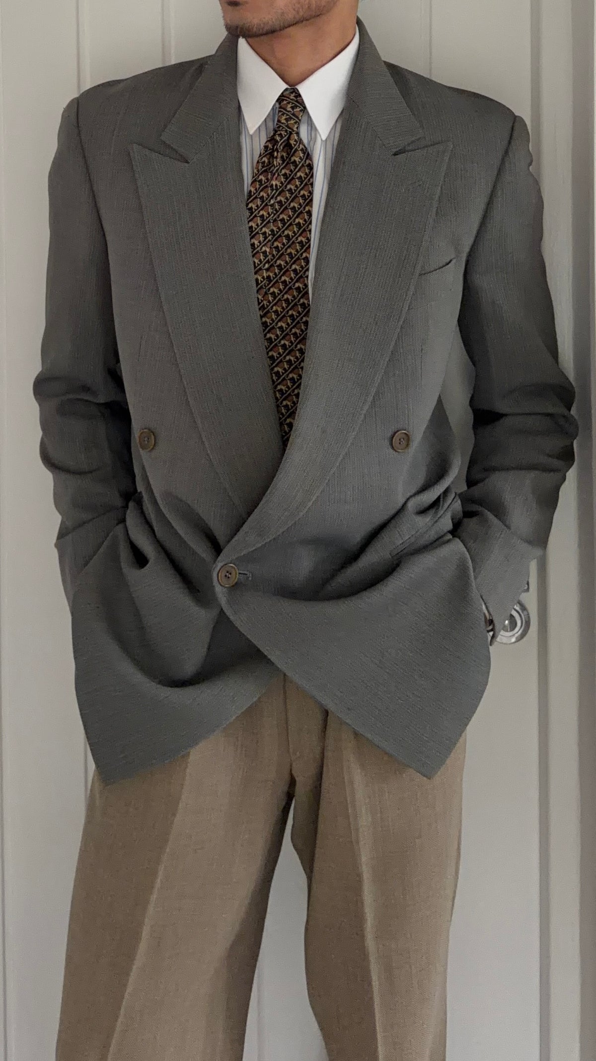 Giorgio Armani 1980s Peaked Lapel Double Breasted Herringbone Wool Sport Jacket Blazer Taupe Sage Green - Size S