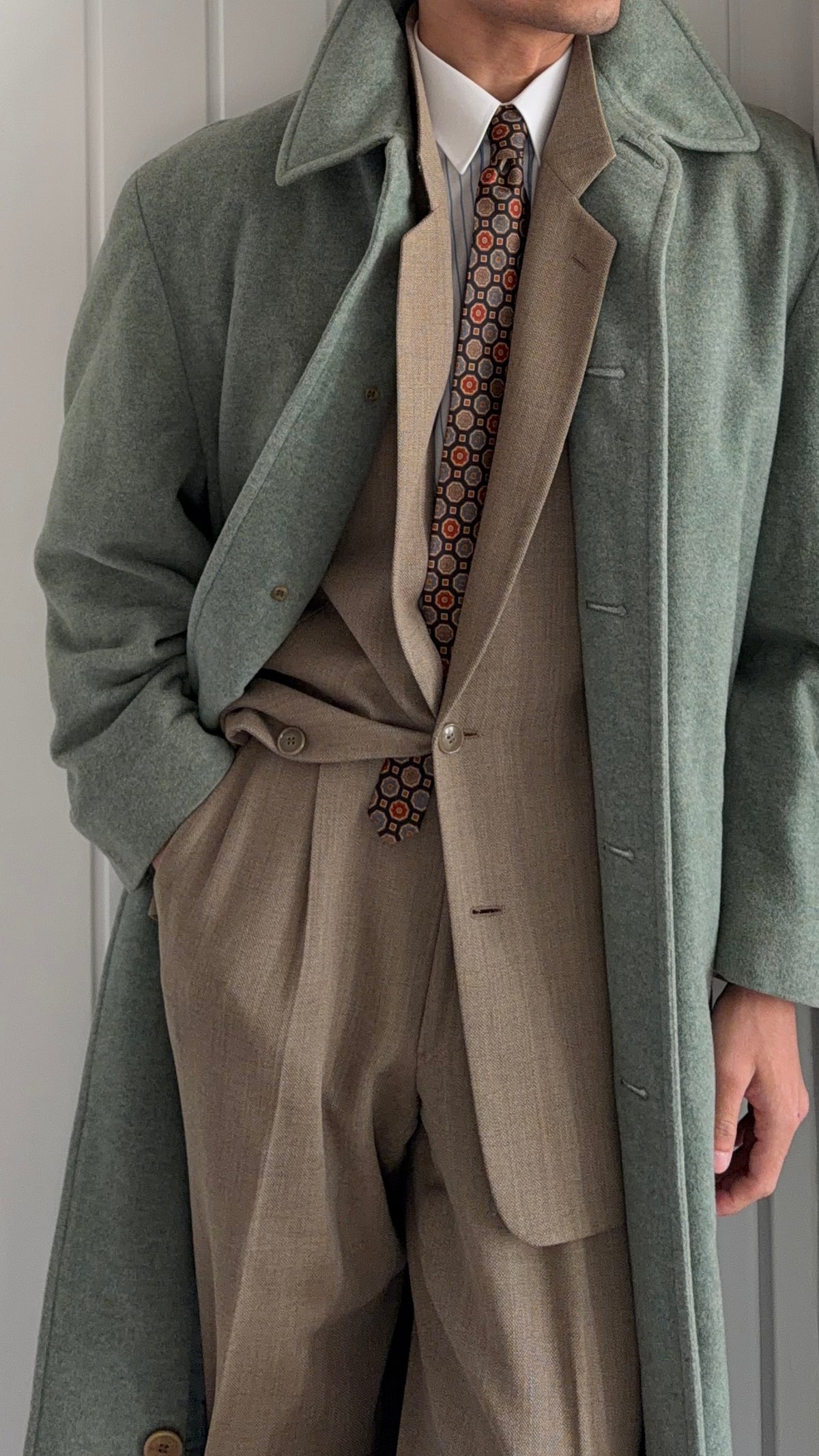 Hugo Boss 1980s Wool Balmacaan Overcoat Sage Green - Size M