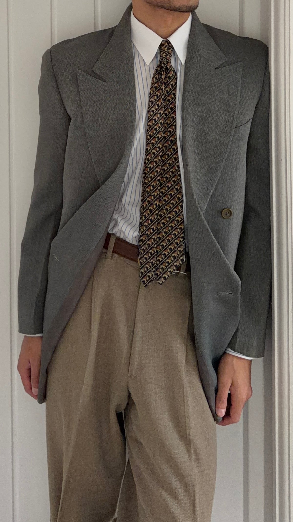 Giorgio Armani 1980s Peaked Lapel Double Breasted Herringbone Wool Sport Jacket Blazer Taupe Sage Green - Size S