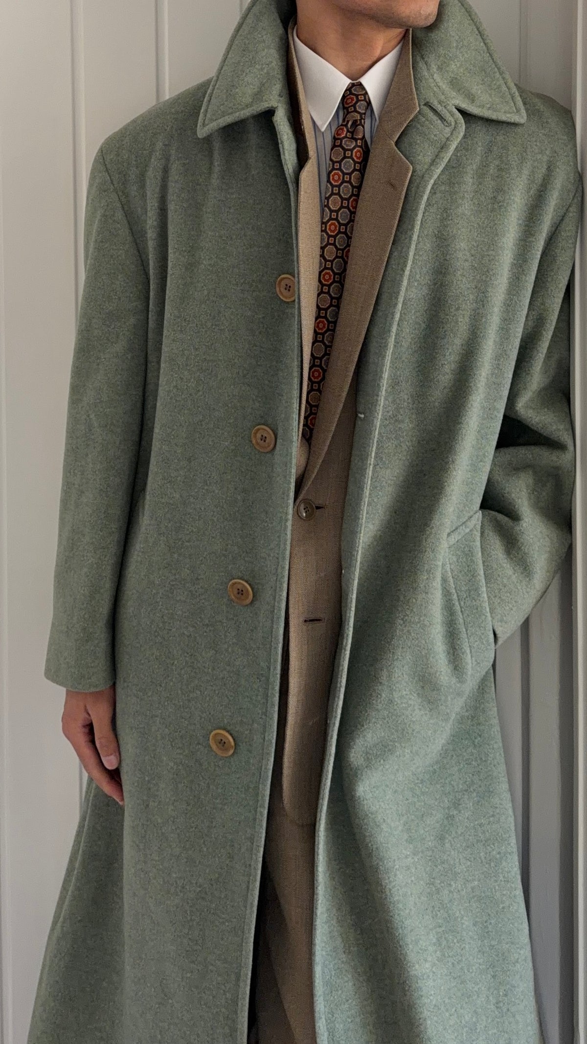 Hugo Boss 1980s Wool Balmacaan Overcoat Sage Green - Size M