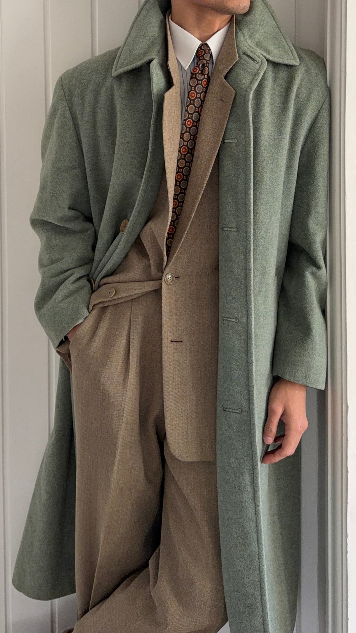 Hugo Boss 1980s Wool Balmacaan Overcoat Sage Green - Size M