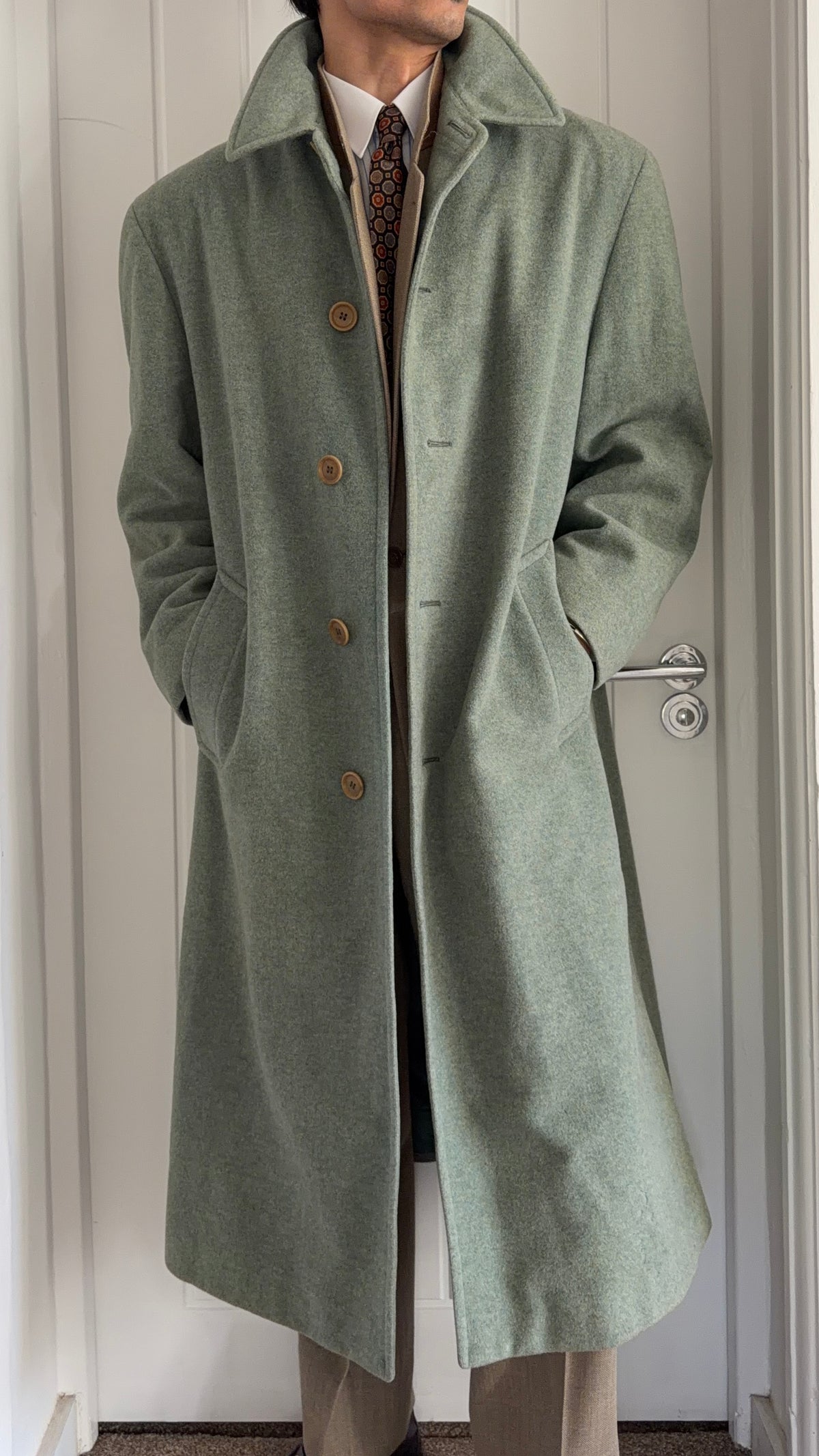 Hugo Boss 1980s Wool Balmacaan Overcoat Sage Green - Size M