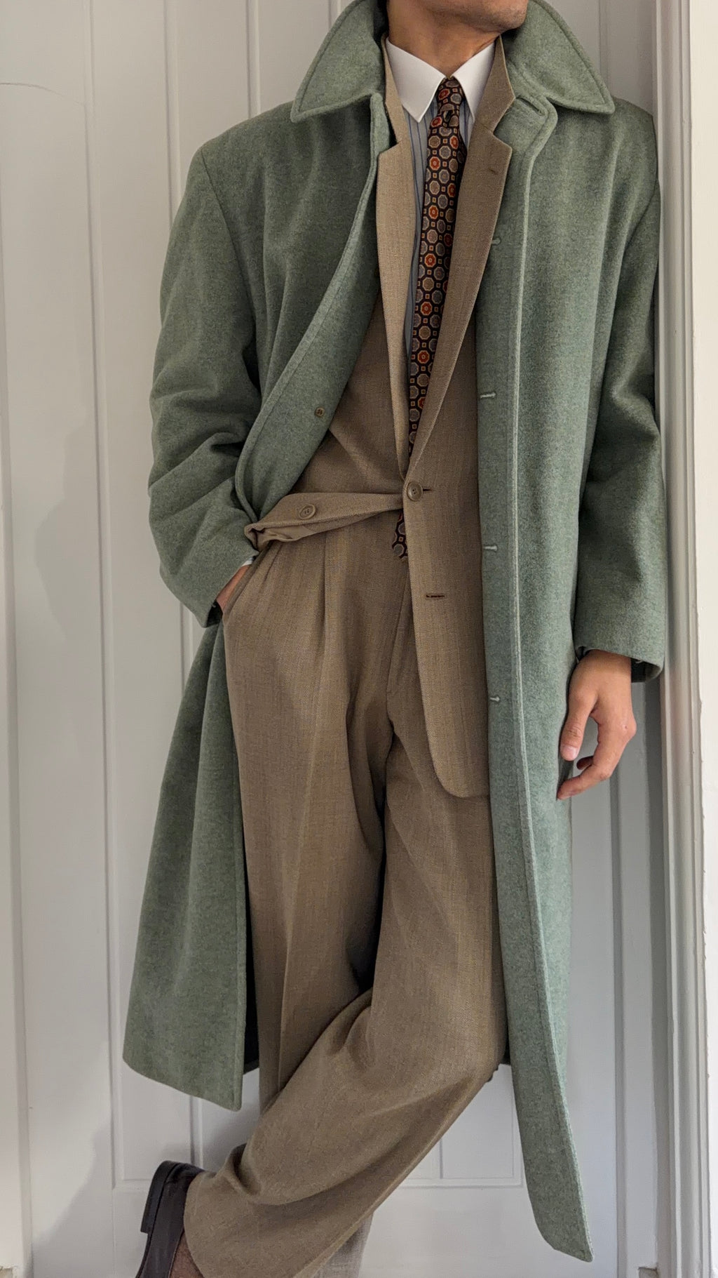 Hugo Boss 1980s Wool Balmacaan Overcoat Sage Green - Size M