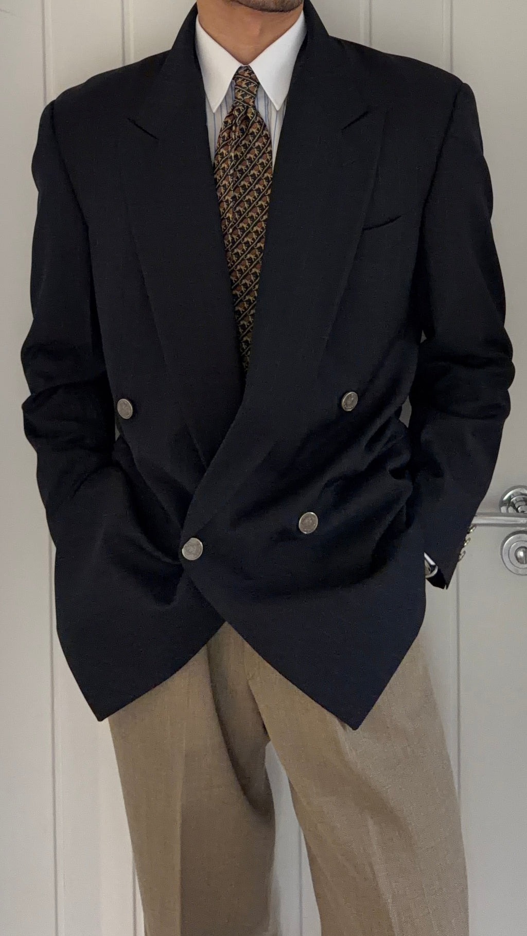 Giorgio Armani 1980s Metal Button Double Breasted Navy Wool Sport Jacket Blazer - Size L