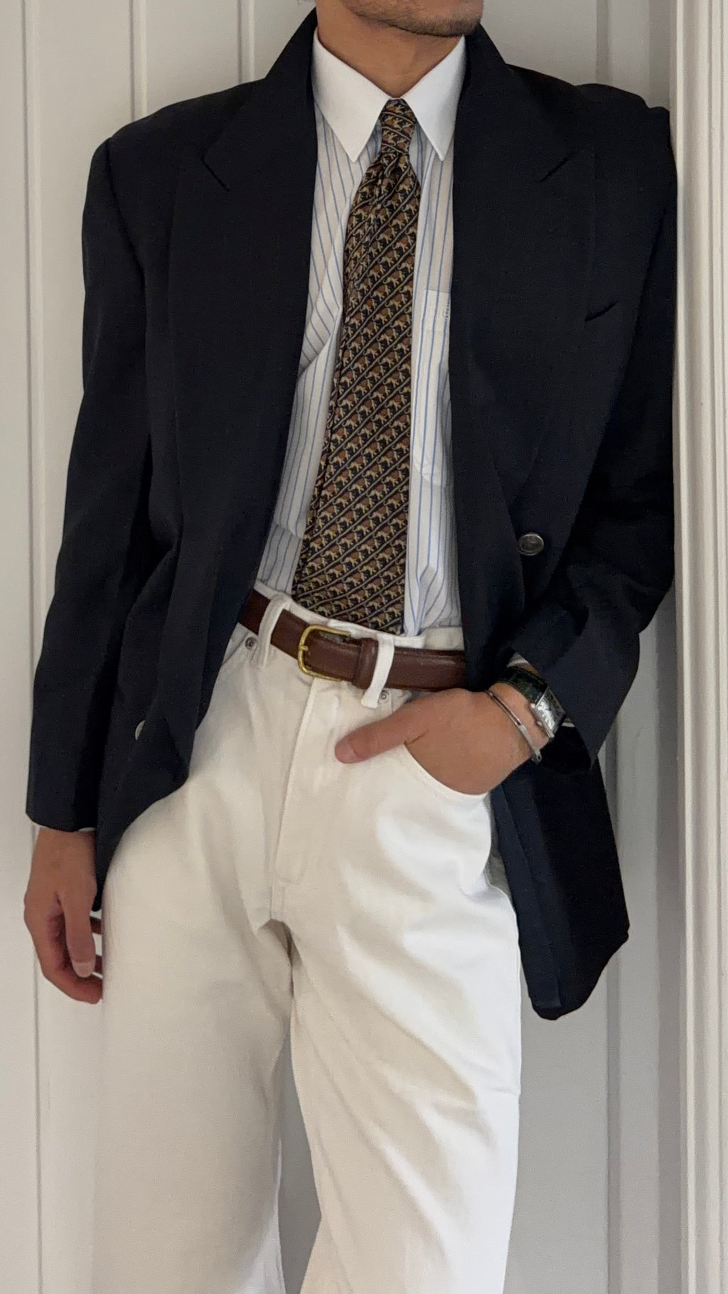 Giorgio Armani 1980s Metal Button Double Breasted Navy Wool Sport Jacket Blazer - Size L