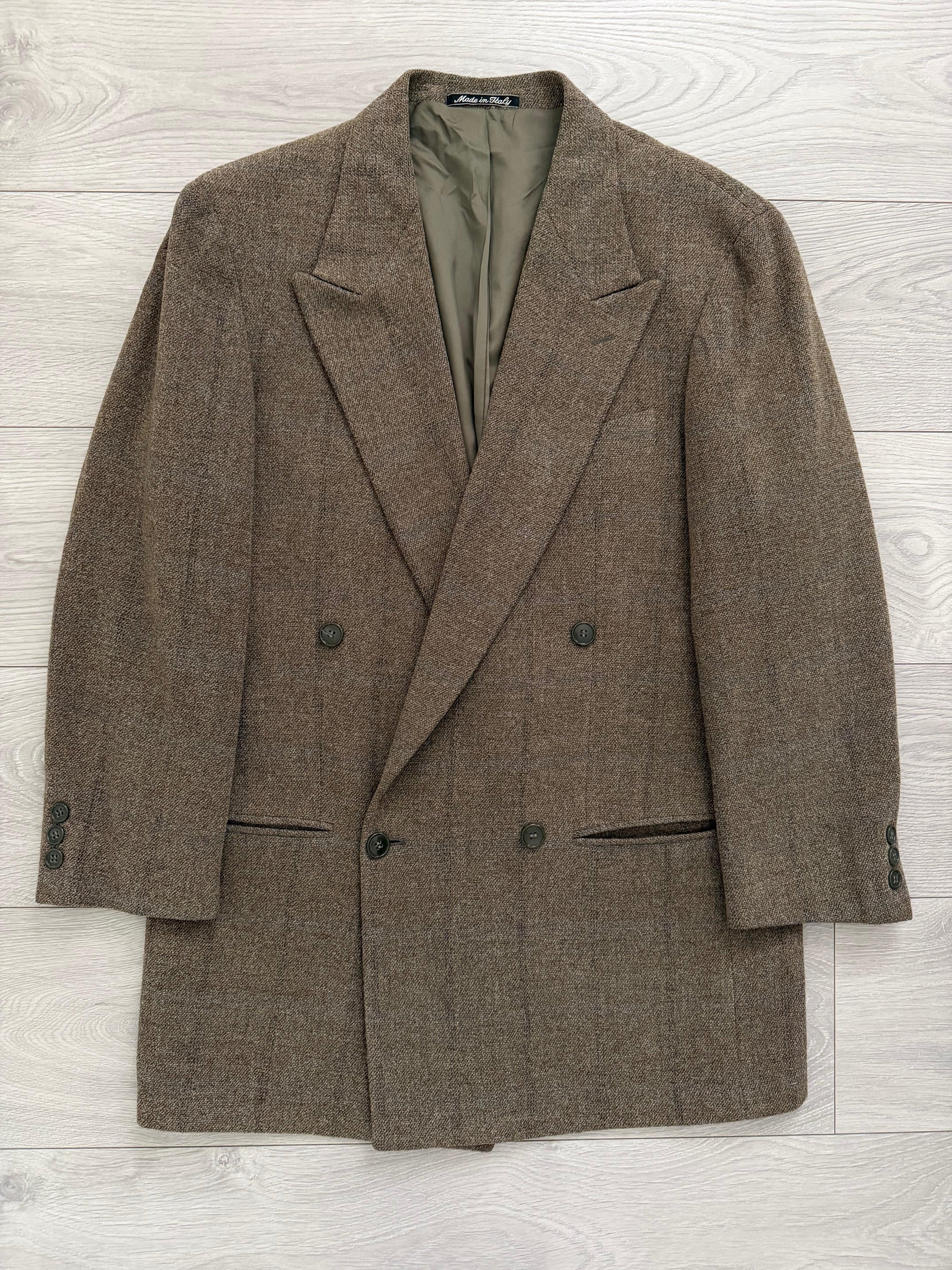 Giorgio Armani 1980s Peaked Lapel Double Breasted Textured Brown Wool Sport Jacket Blazer - Size M