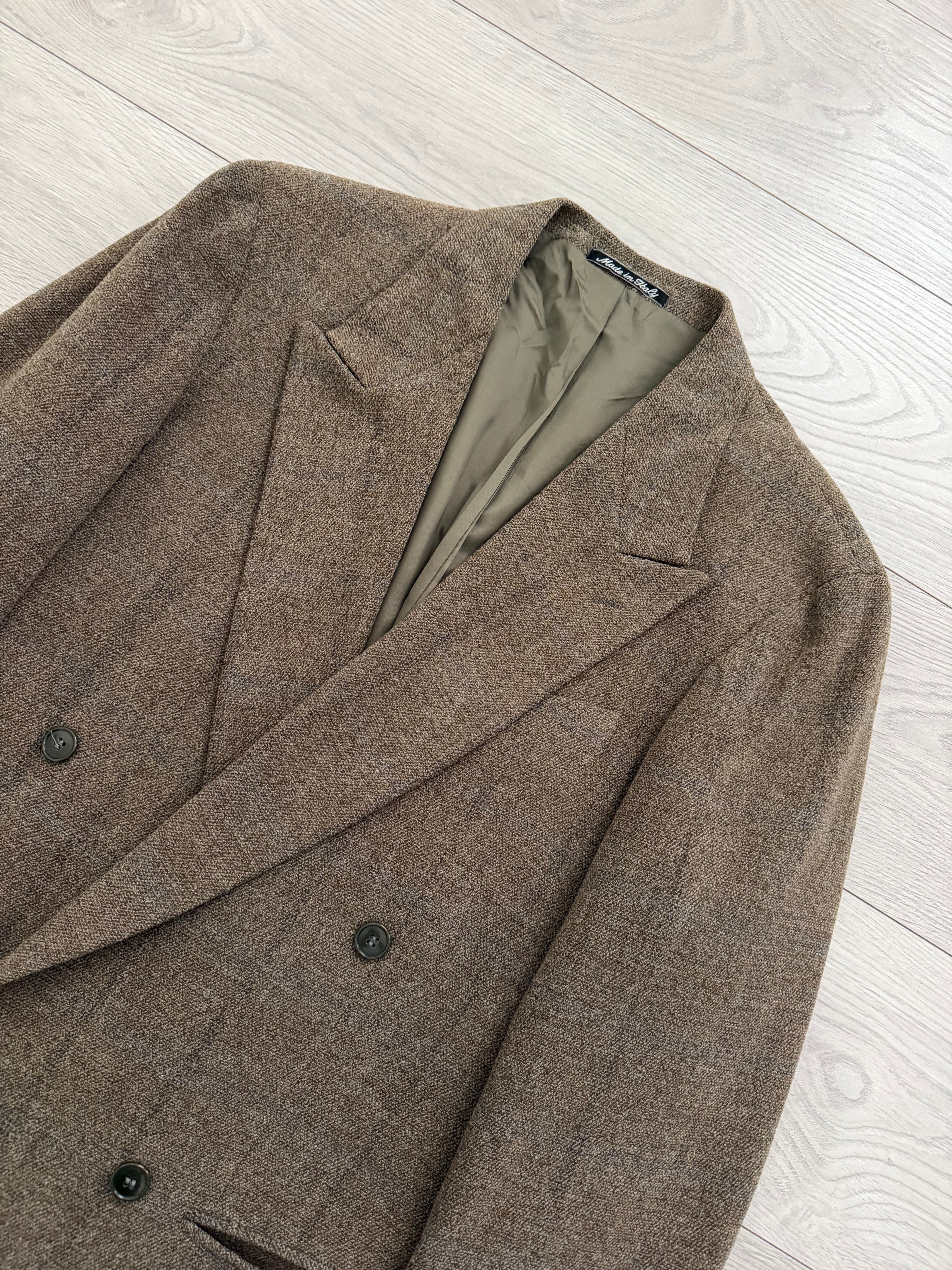 Giorgio Armani 1980s Peaked Lapel Double Breasted Textured Brown Wool Sport Jacket Blazer - Size M