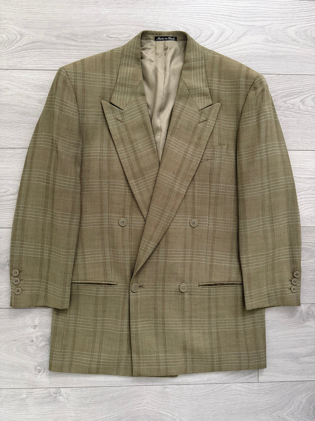 Emporio Armani 1990s Peaked Lapel Double Breasted Textured Wool Sport Jacket Blazer Taupe Green - Size M