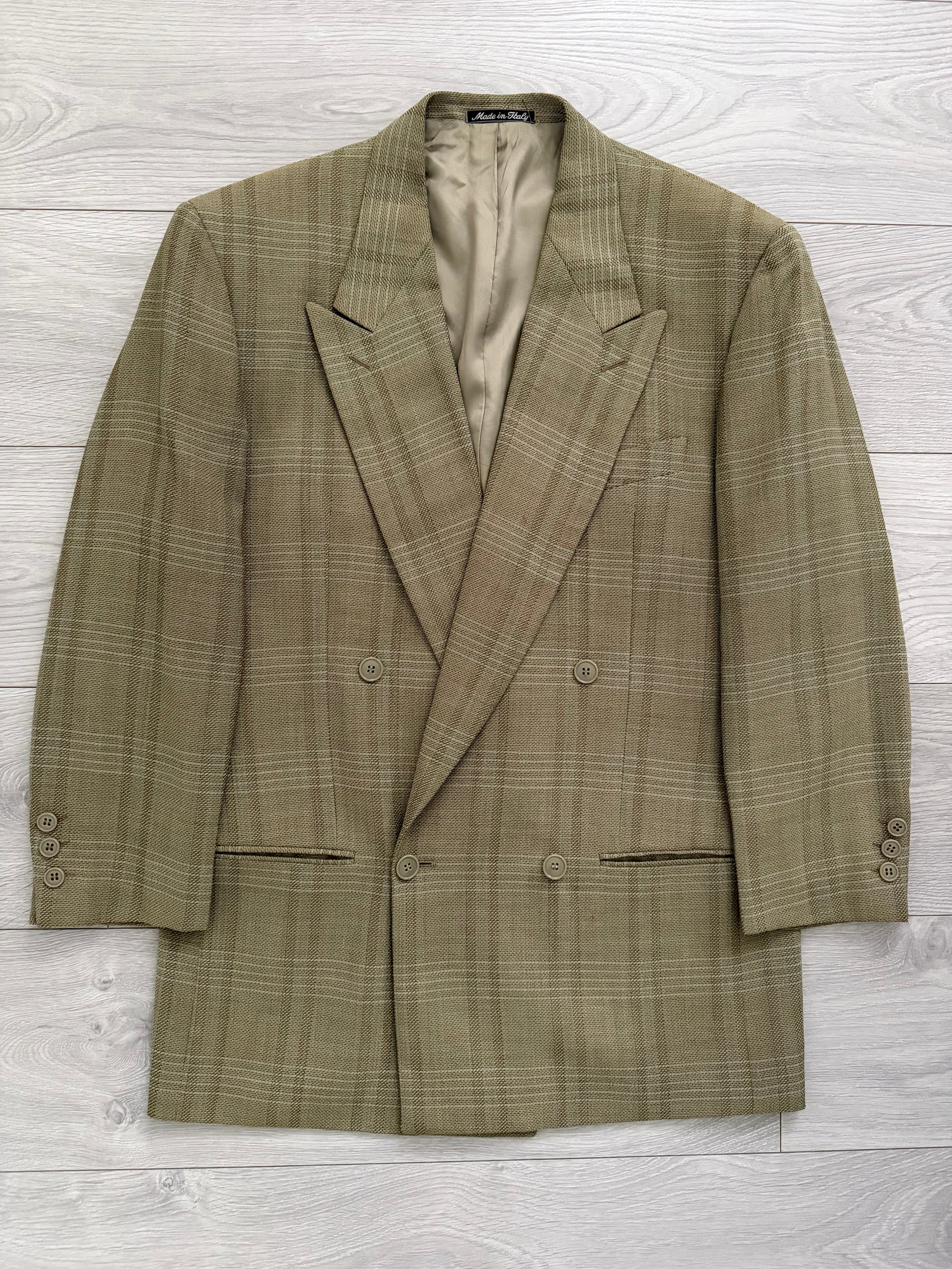 Emporio Armani 1990s Peaked Lapel Double Breasted Textured Wool Sport Jacket Blazer Taupe Green - Size M