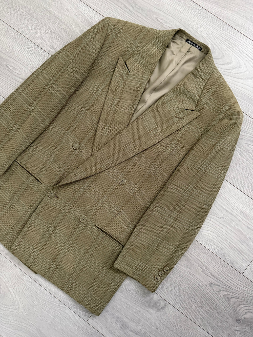 Emporio Armani 1990s Peaked Lapel Double Breasted Textured Wool Sport Jacket Blazer Taupe Green - Size M