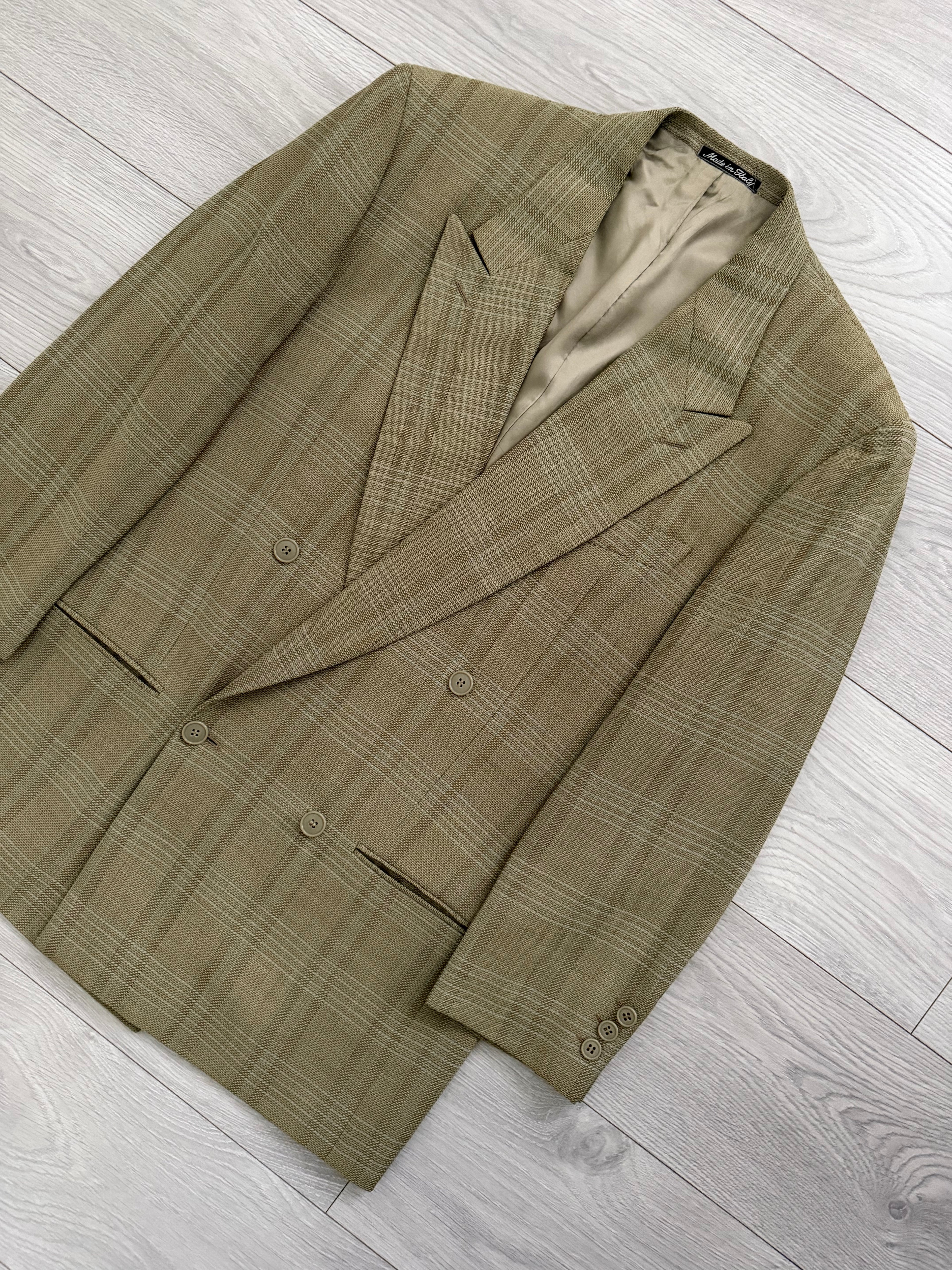 Emporio Armani 1990s Peaked Lapel Double Breasted Textured Wool Sport Jacket Blazer Taupe Green - Size M