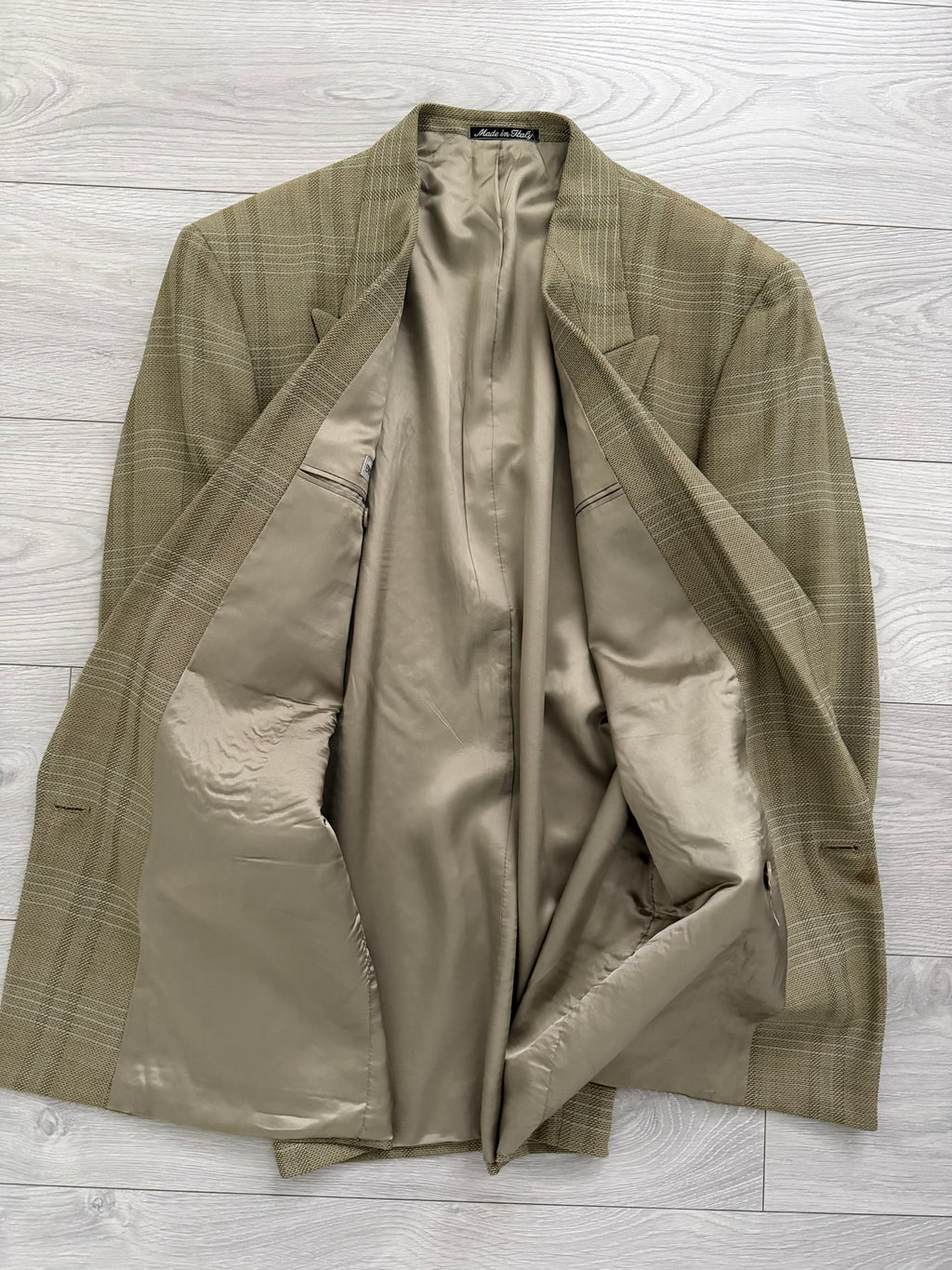 Emporio Armani 1990s Peaked Lapel Double Breasted Textured Wool Sport Jacket Blazer Taupe Green - Size M