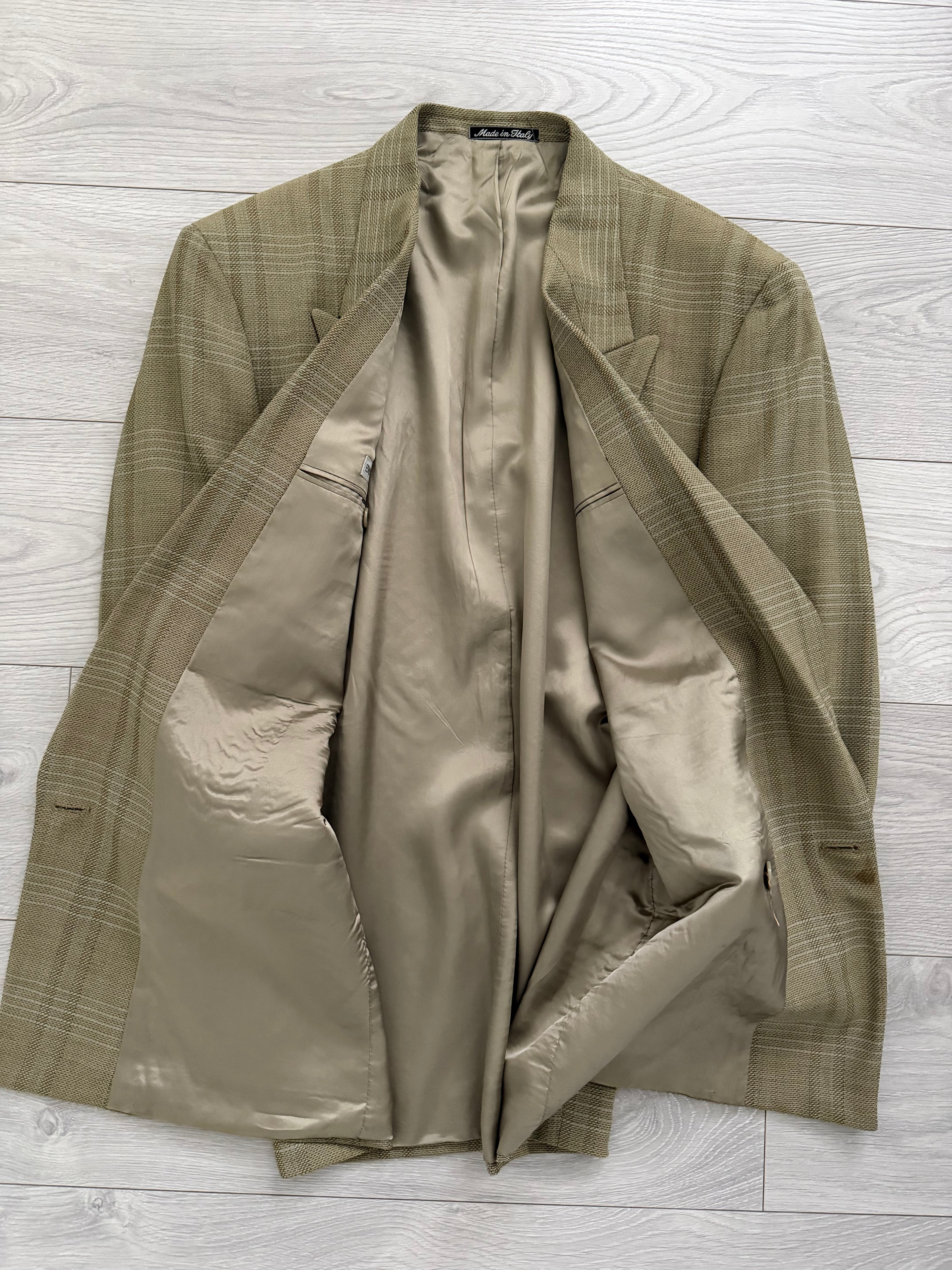 Emporio Armani 1990s Peaked Lapel Double Breasted Textured Wool Sport Jacket Blazer Taupe Green - Size M